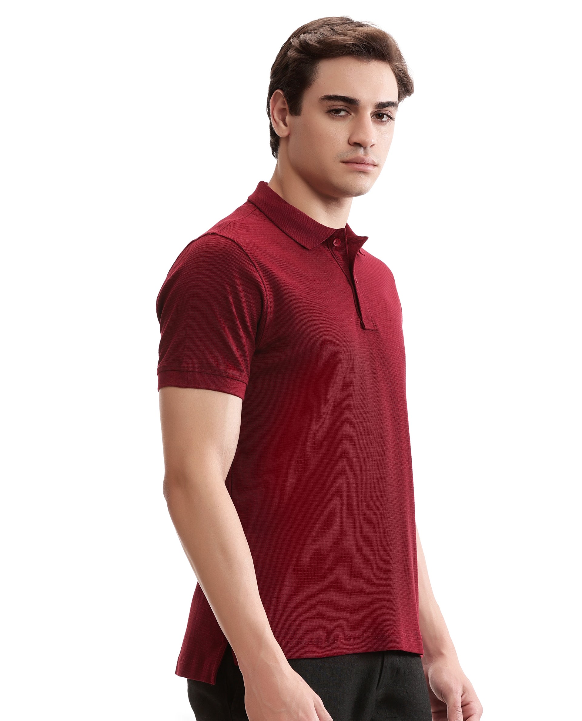 Bordeaux Maroon Knitted Waffle Polo with Ribbed Collar
