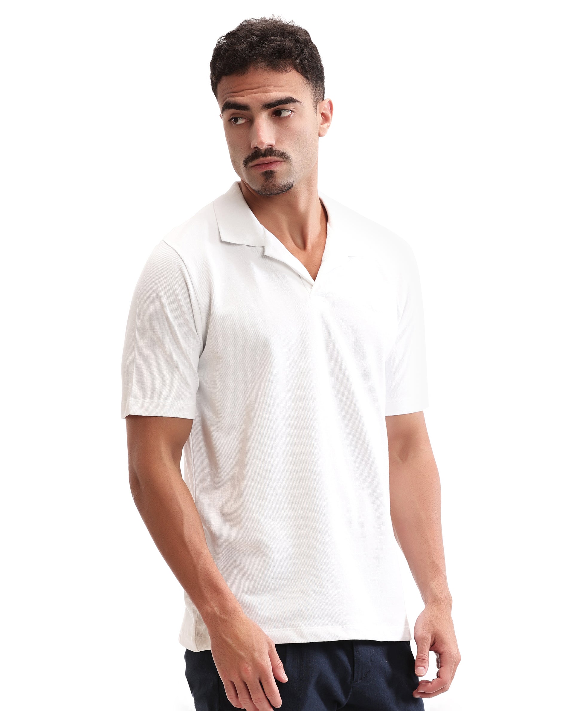 Pure White Johnny Collar Pique Polo with Tone-on-Tone 7C Embroidery