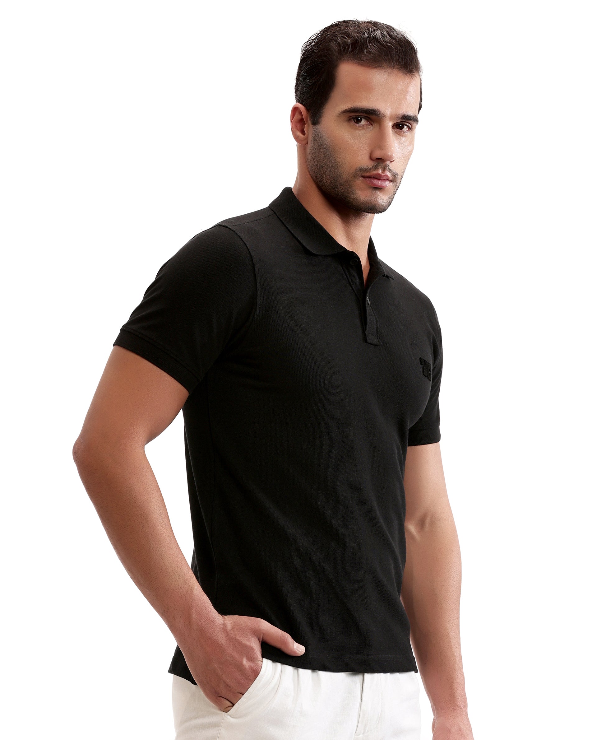Charcoal Black Pique Polo with Tufted Embroidery