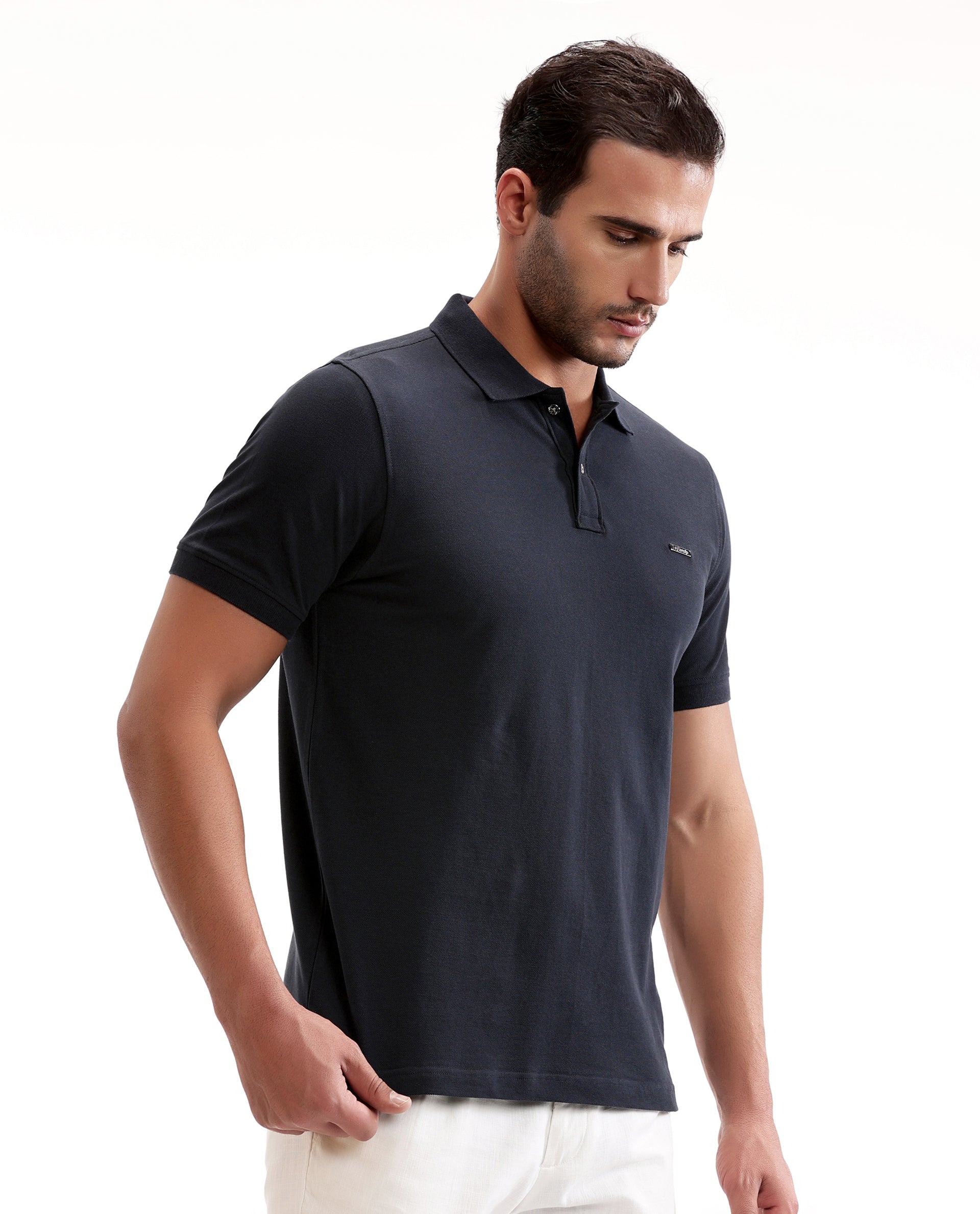 Midnight Navy Blue Pique Polo with Metal Buttons, 7C Metal Badge