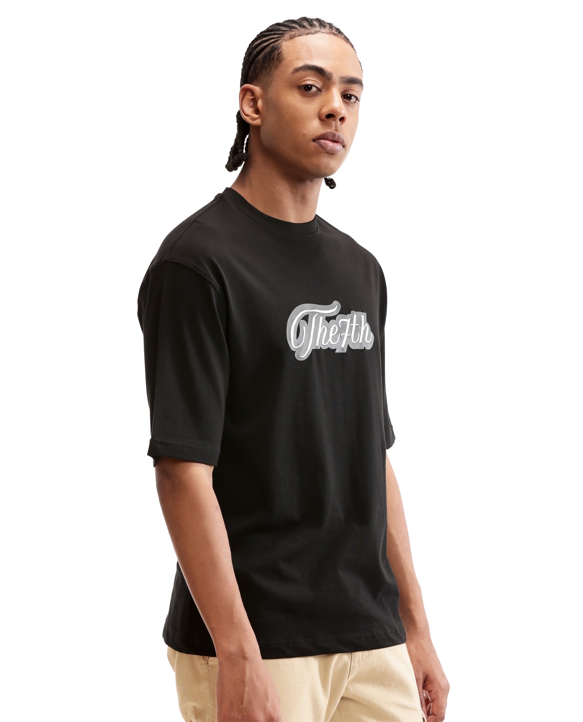 Charcoal Black Single Jersey Crew Neck Oversized T-Shirt with Charcoal Grey Print & Pure White 7C Embroidery