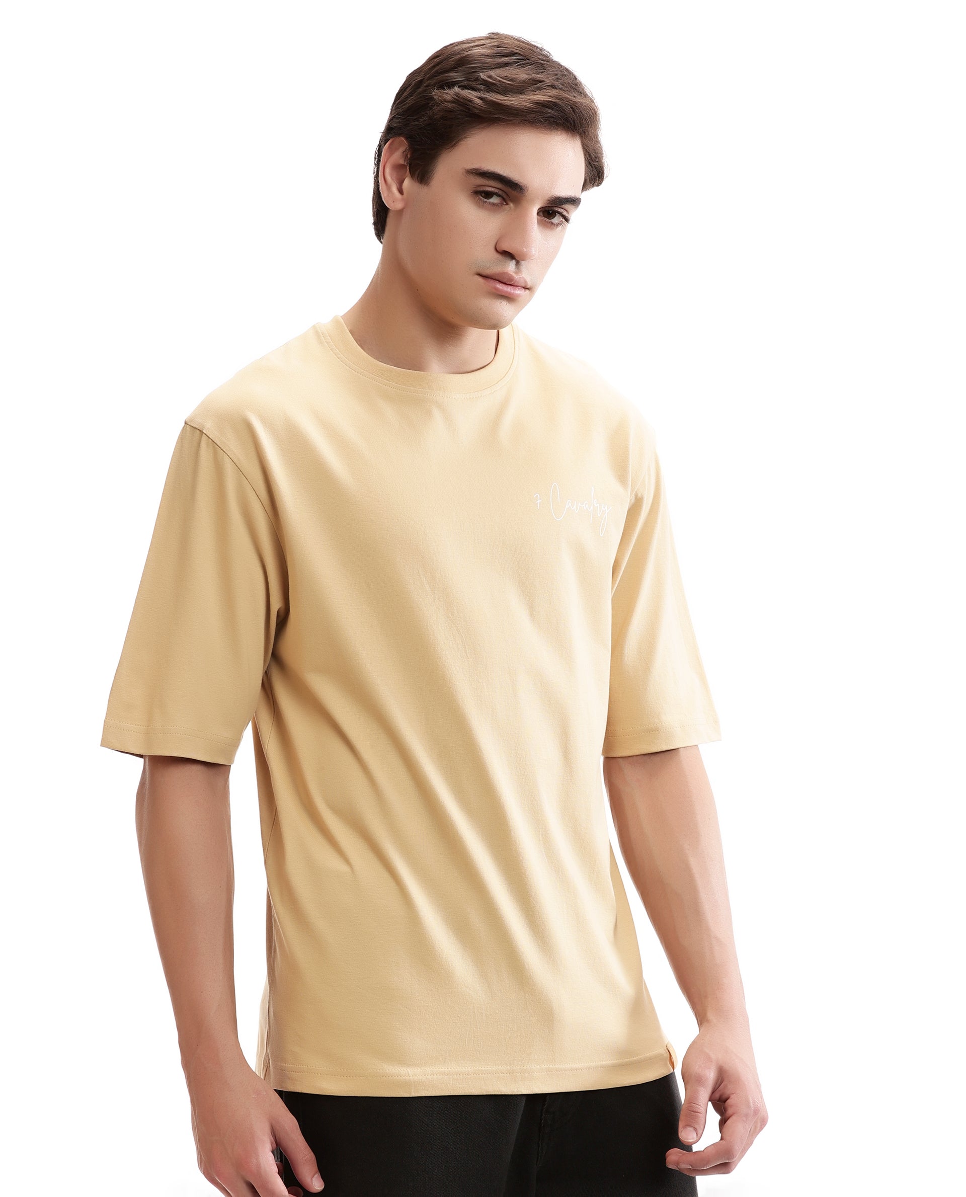 Camel Beige Single Jersey Crew Neck Oversized T-Shirt with Pure White Non-PVC Print