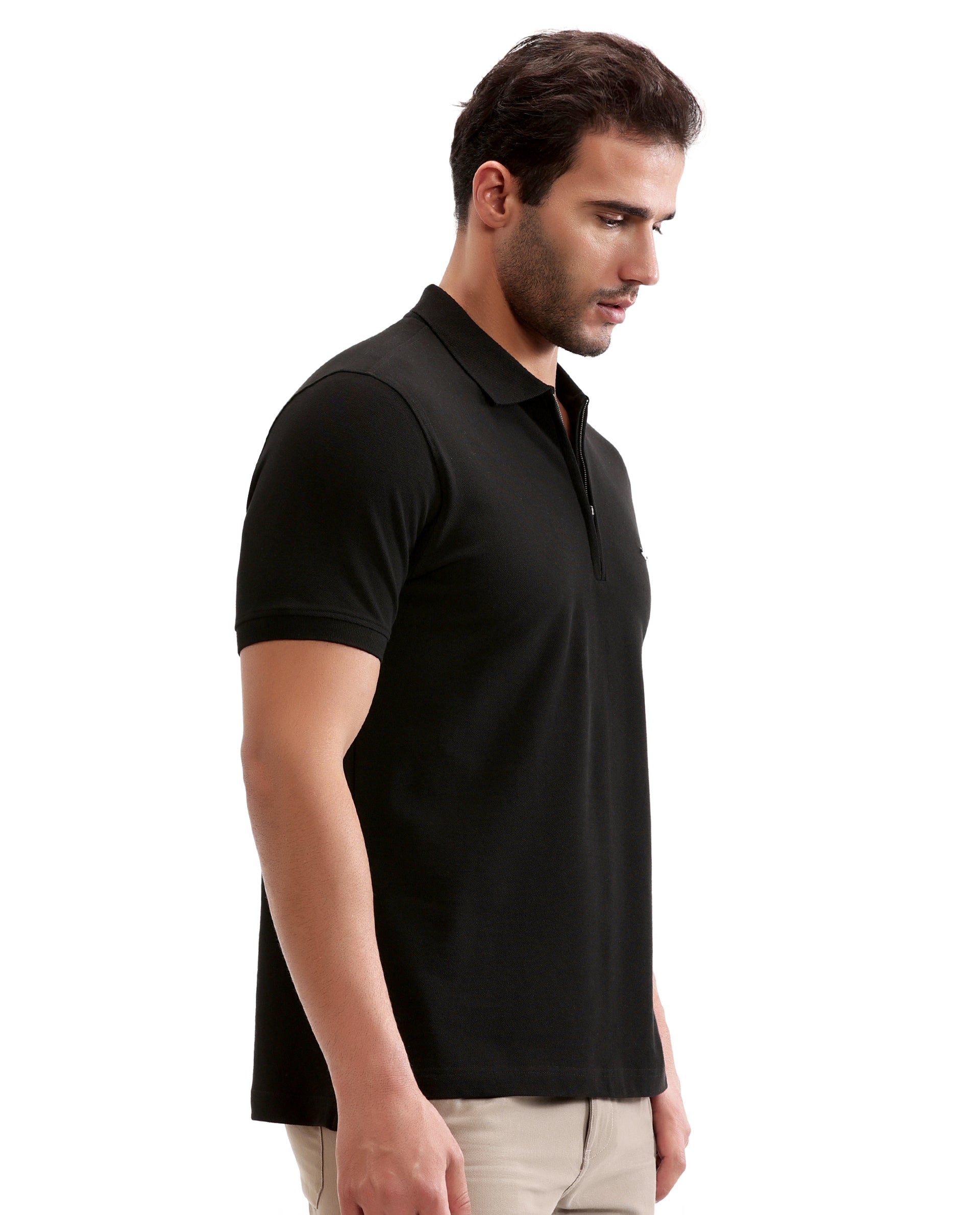 Charcoal Black Pique Polo with 7C Metal Zip, Metal Badge