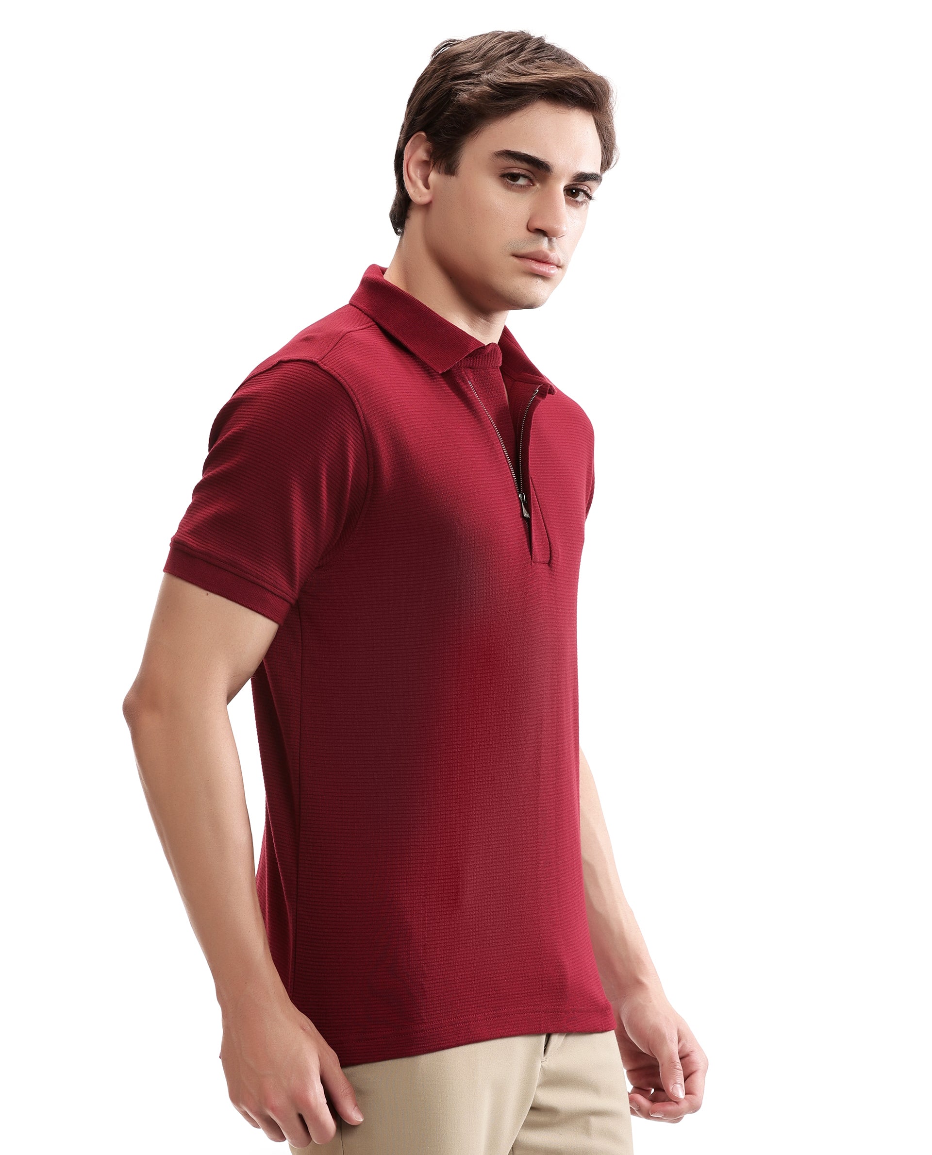 Bordeaux Maroon Knitted Ottoman Polo with 7C Metal Zip
