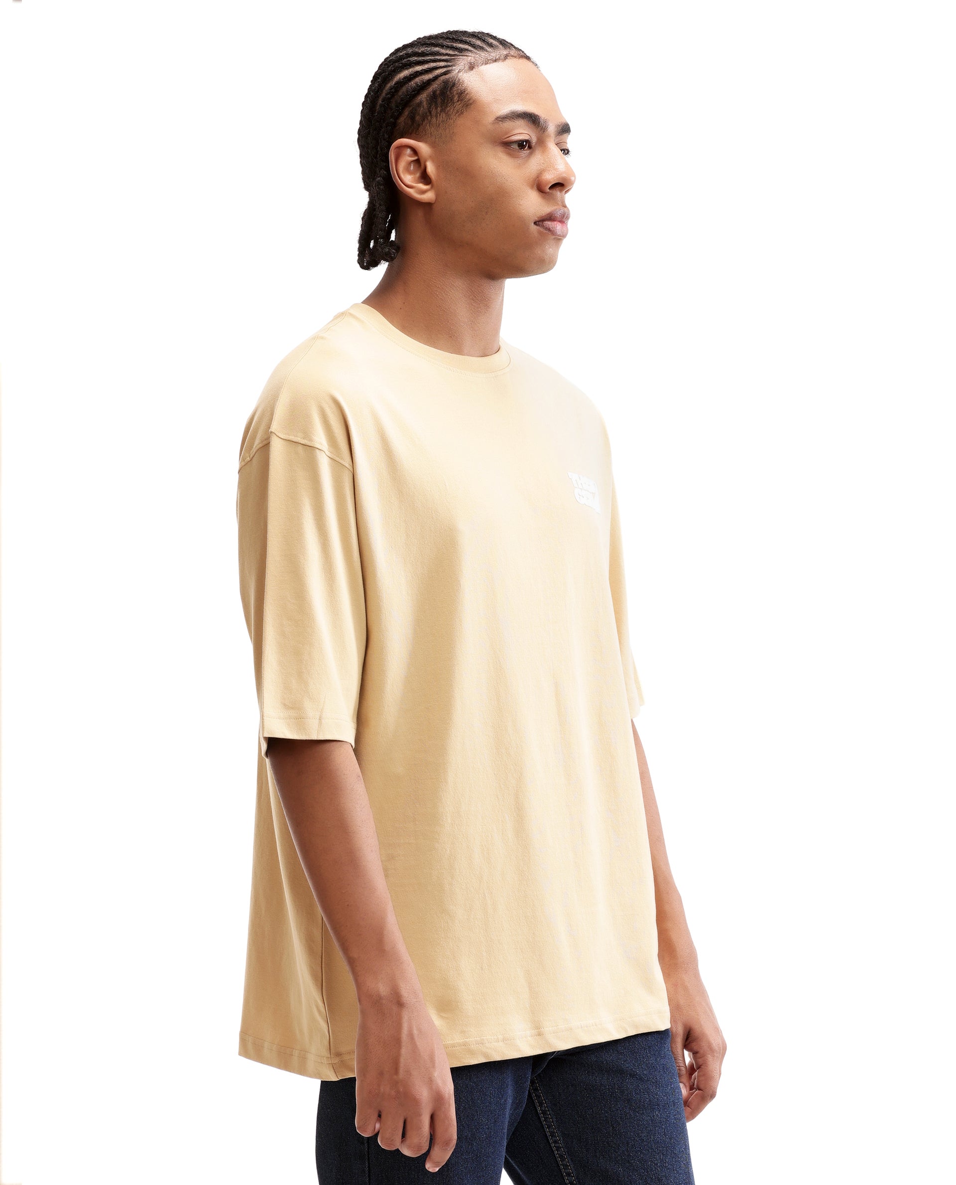 Camel Beige Single Jersey Crew Neck Oversized T-Shirt with 7C Premium HD Print