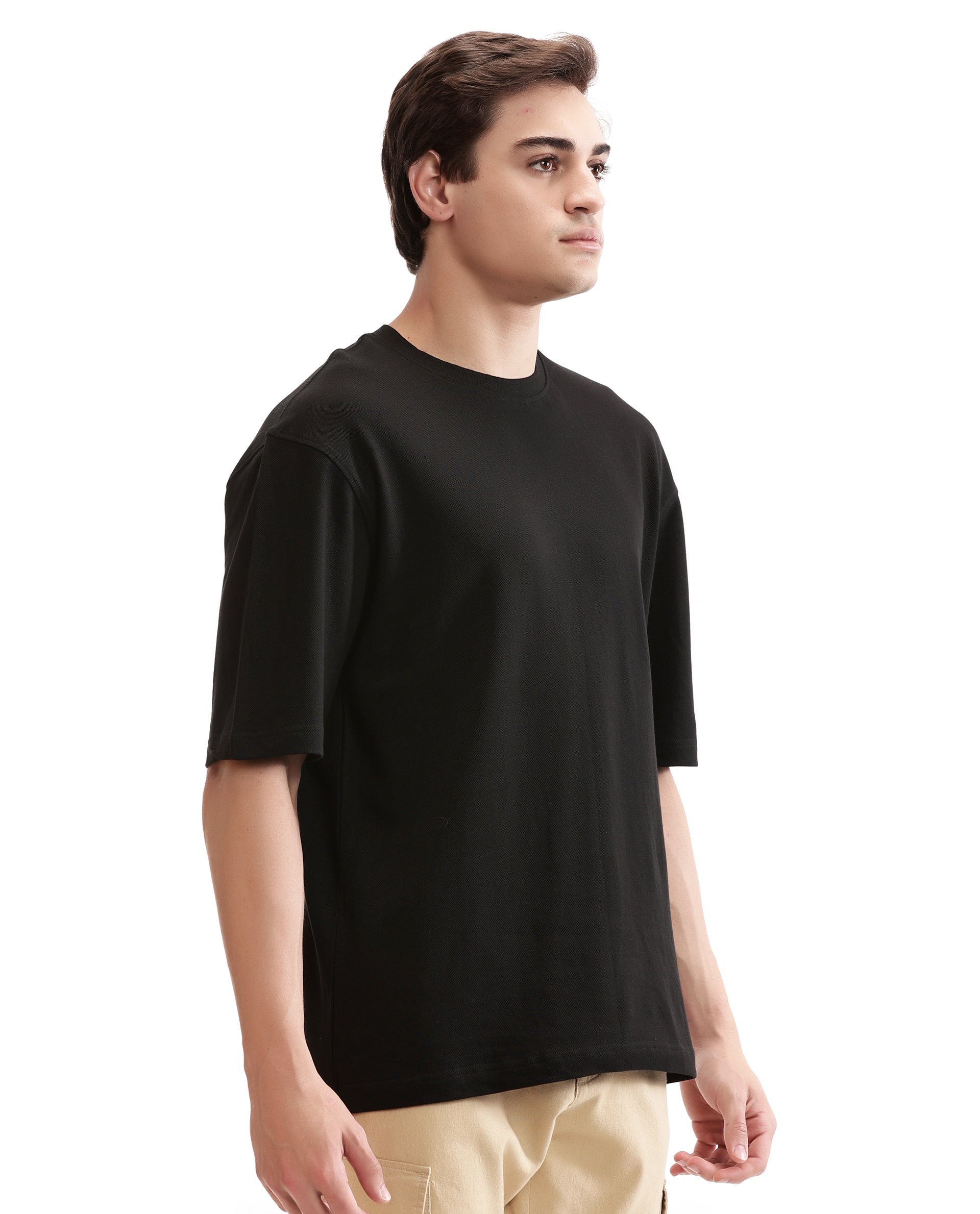 Charcoal Black Pique Crew Neck Oversized T-Shirt