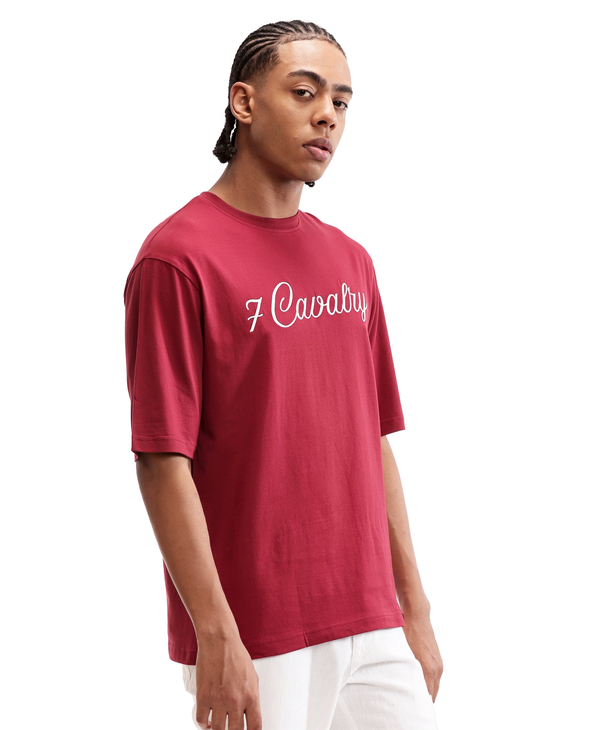 Bordeaux Maroon Single Jersey Crew Neck Oversized T-Shirt with Pure White Embroidery