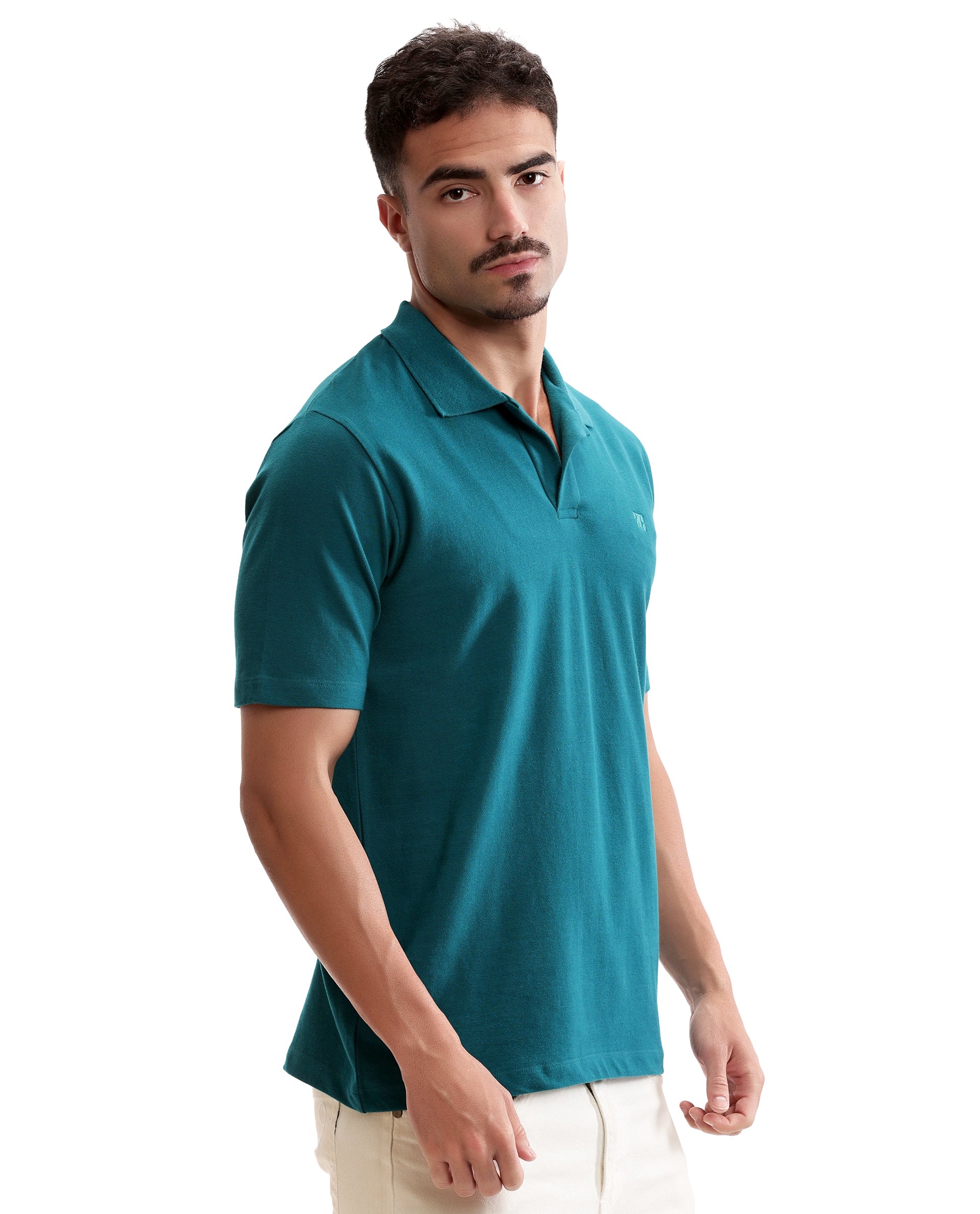 Ocean Teal Johnny Collar Pique Polo with Tone-on-Tone 7C Embroidery