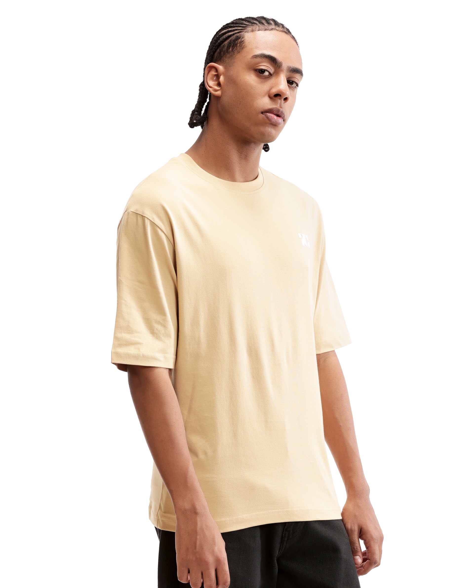 Camel Beige Single Jersey Crew Neck Oversized T-Shirt with Pure White HD Print