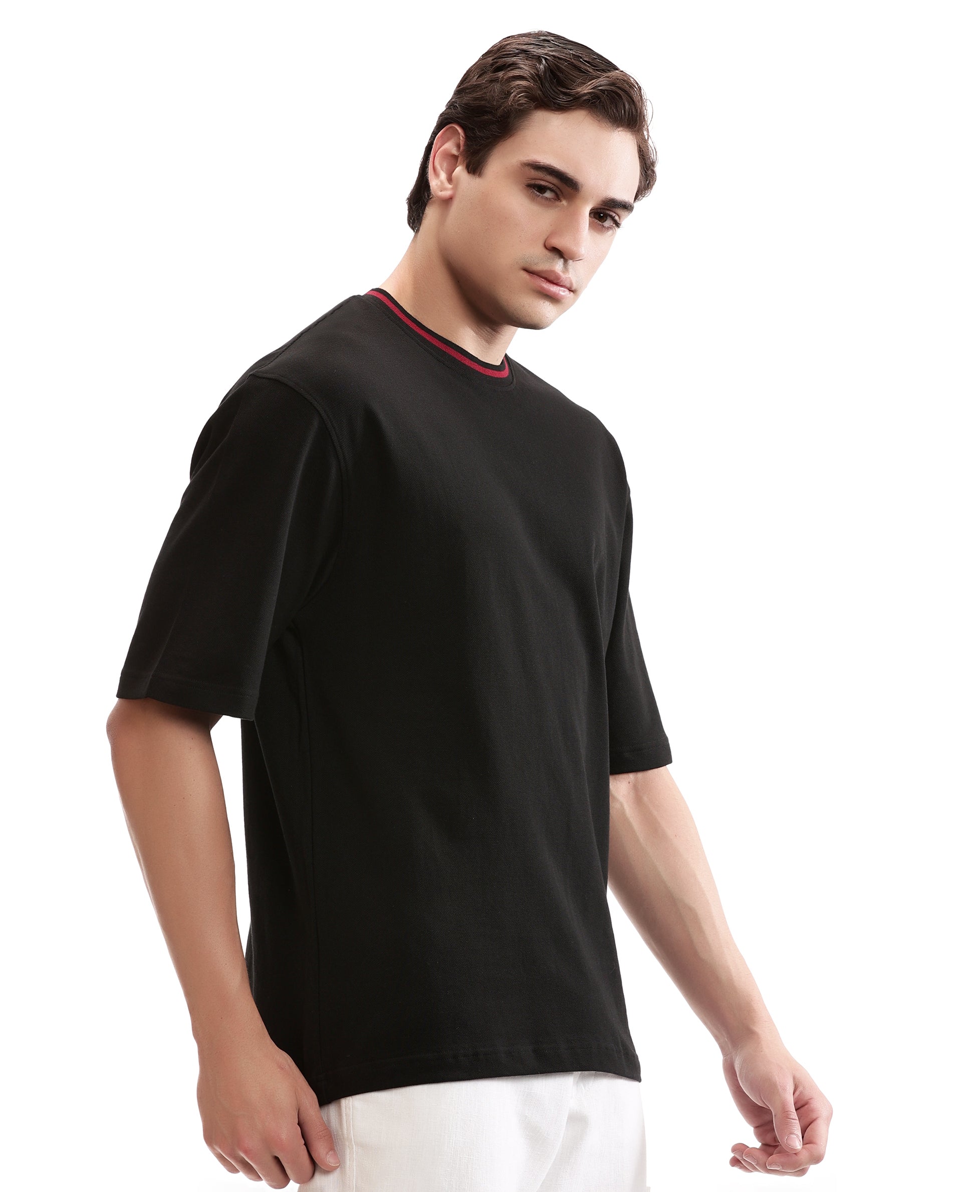 Charcoal Black Pique Crew Neck Oversized T-Shirt with Bordeaux Maroon Piping