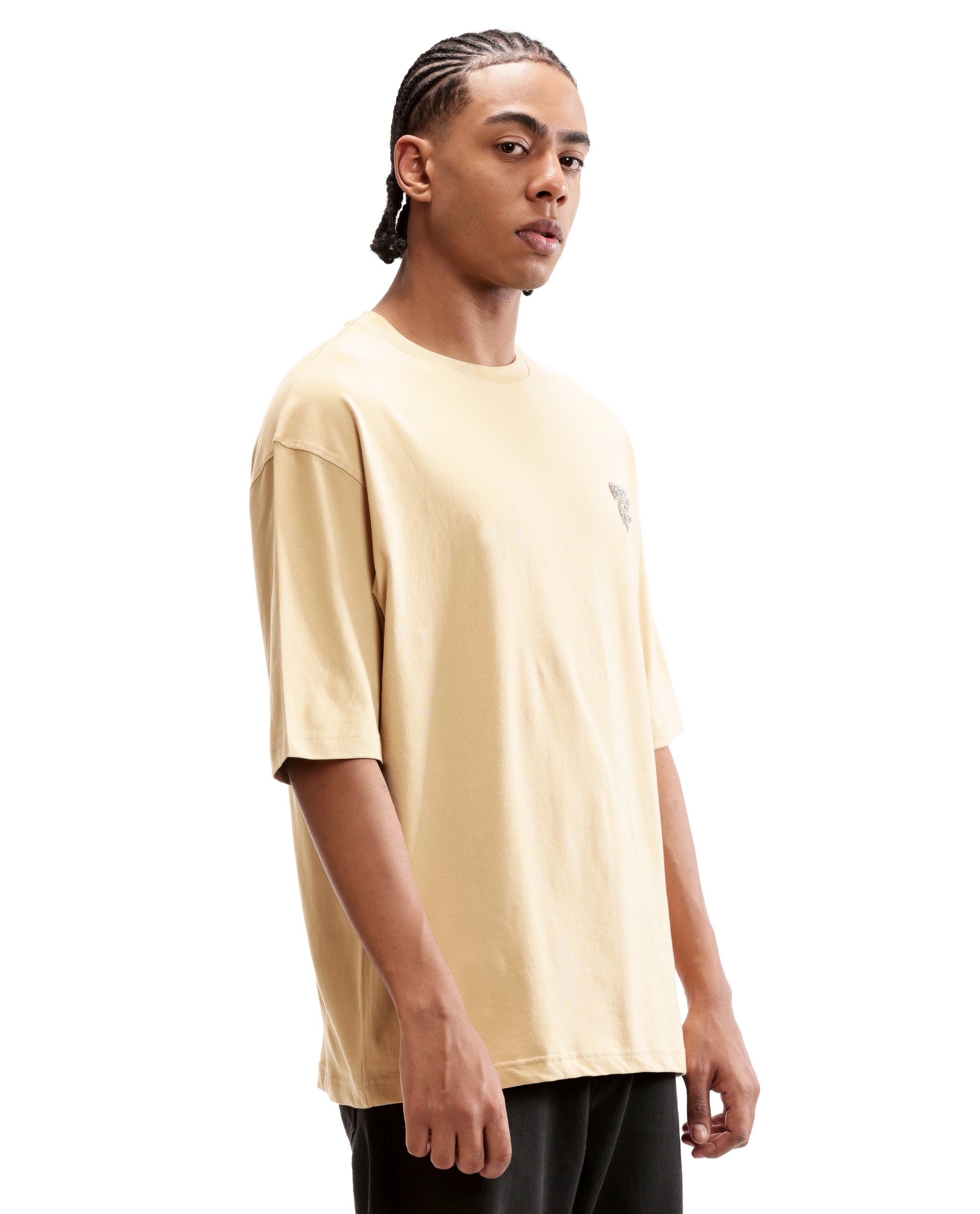 Camel Beige Single Jersey Crew Neck Oversized T-Shirt with Crystal Finish Rhinestones