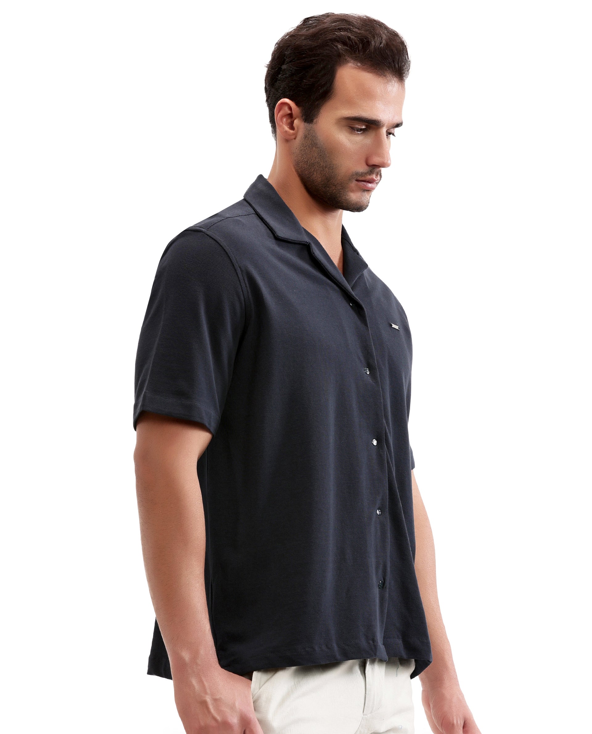 Midnight Navy Blue Pique Knit Shirt with 7C Engraved Snap Buttons, Gun Metal Badge