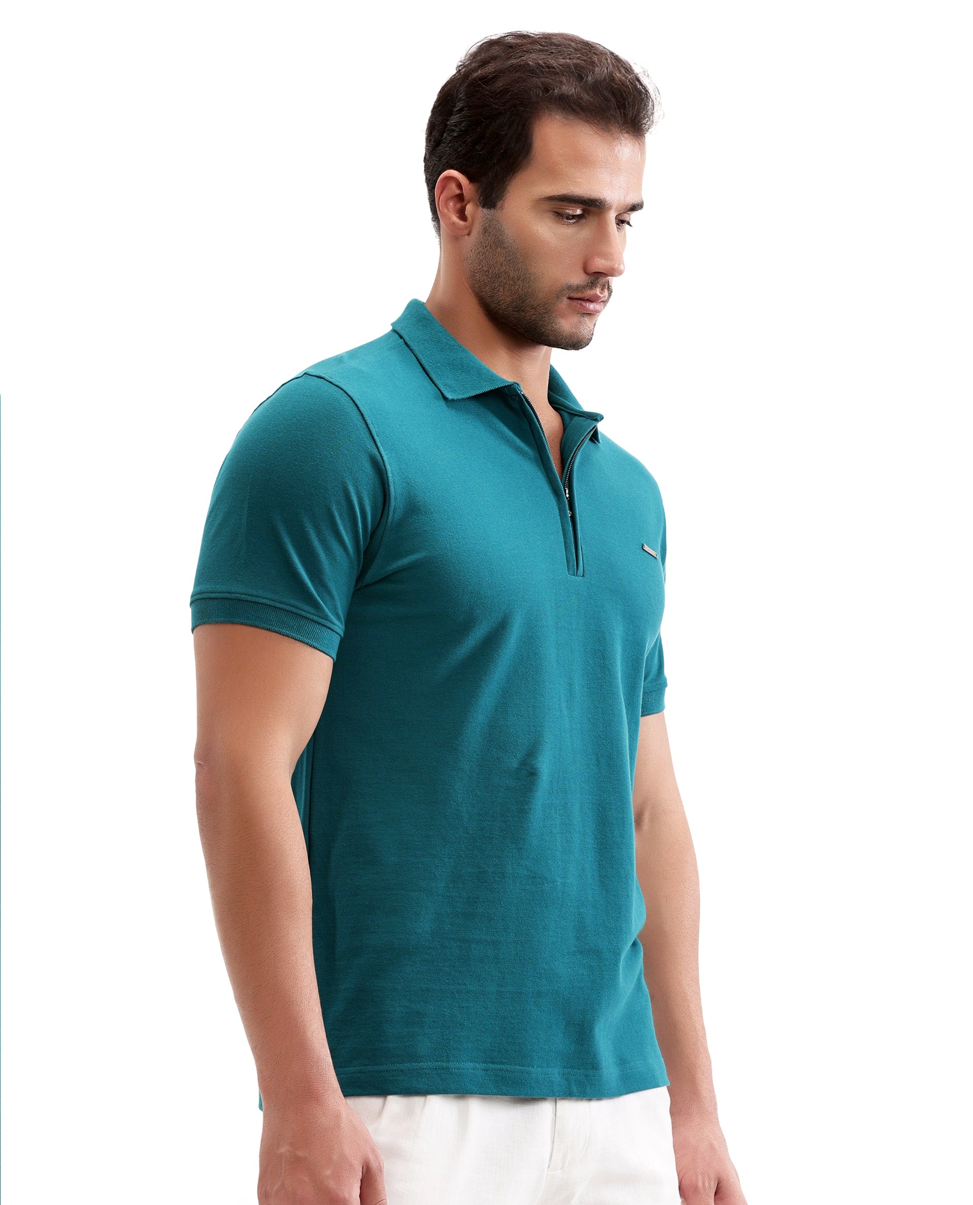 Ocean Teal Pique Polo with 7C Metal Zip, Metal Badge