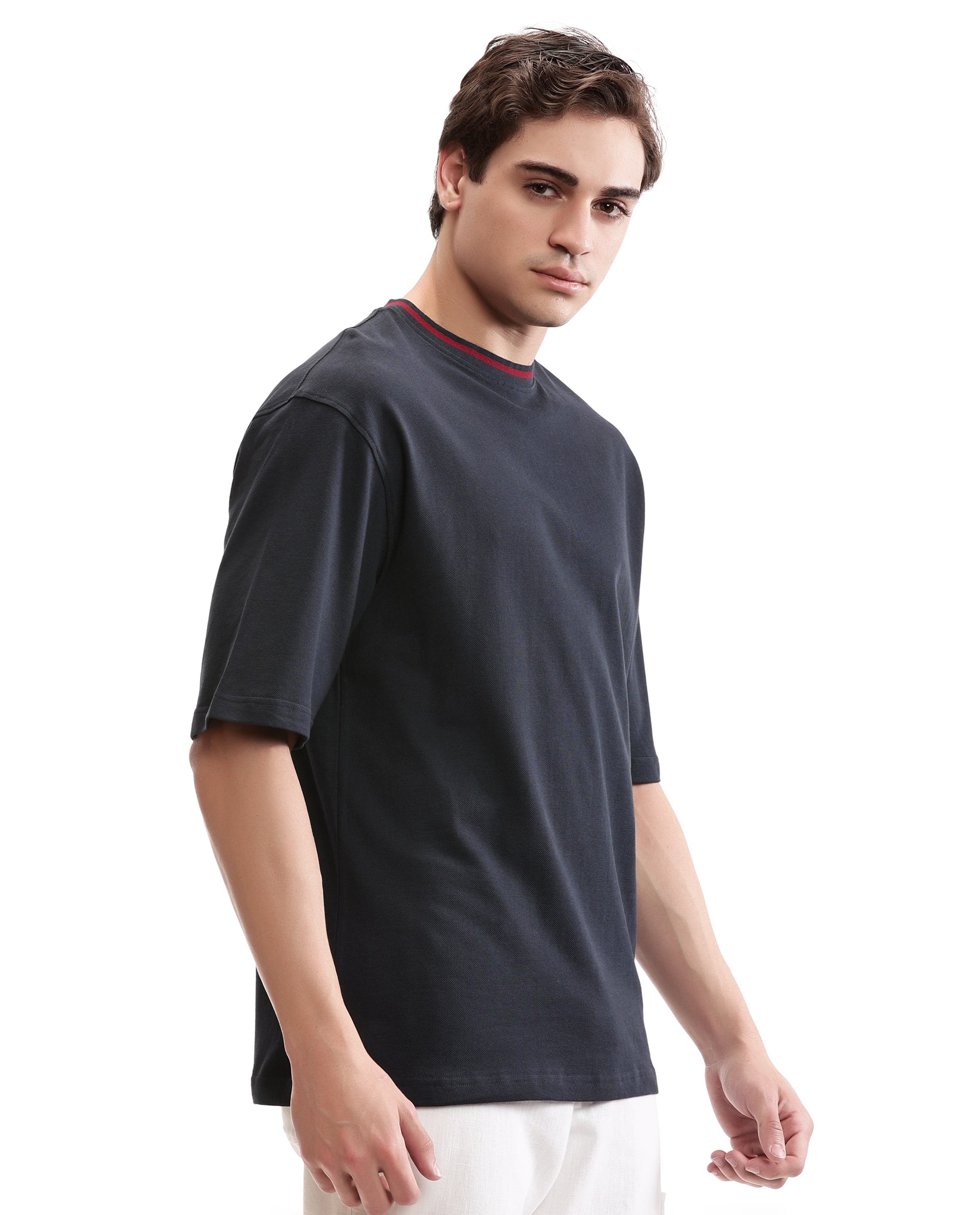 Midnight Navy Blue Pique Crew Neck Oversized T-Shirt with Bordeaux Maroon Piping