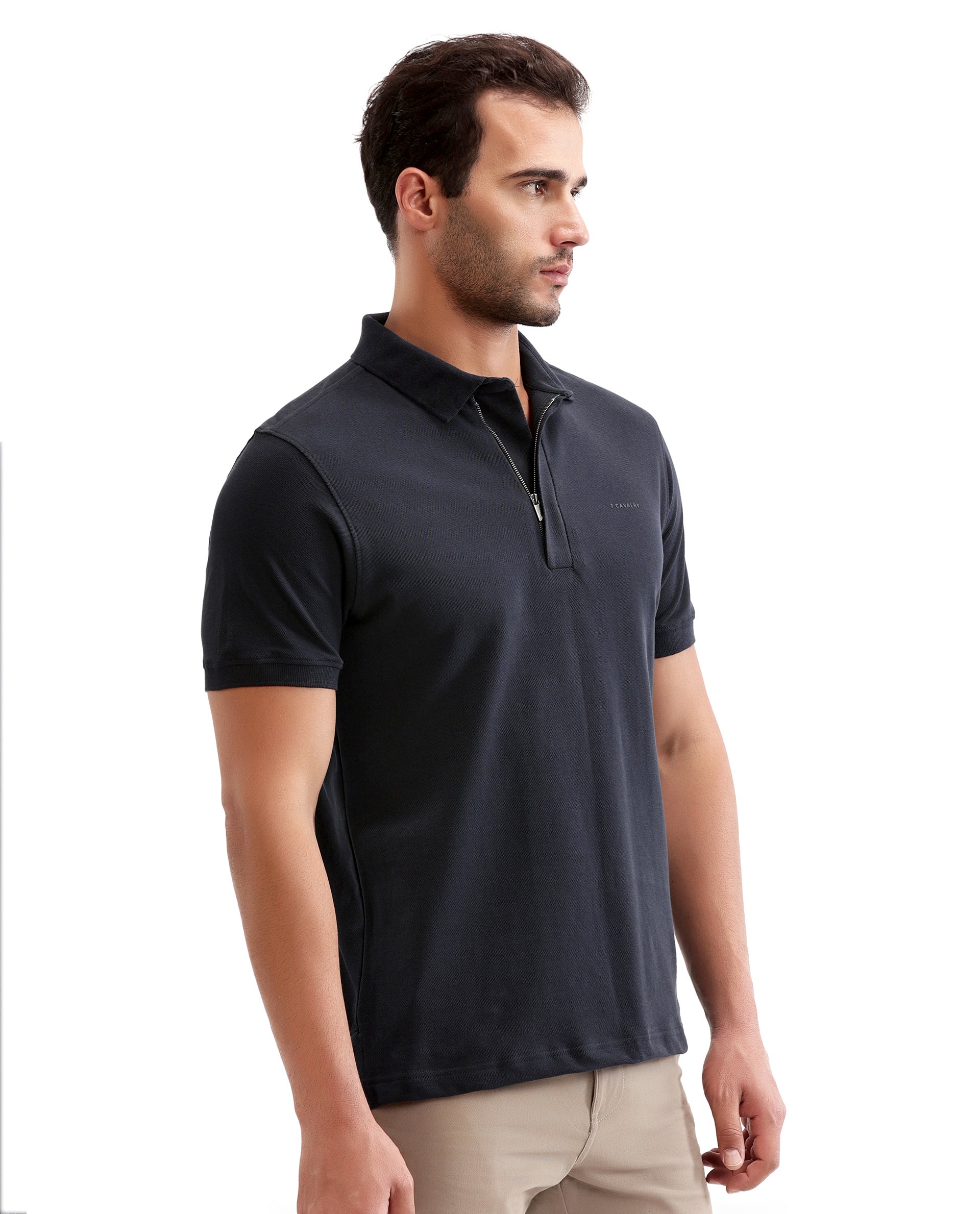 Midnight Navy Blue Pique Polo with Concealed 7C Metal Zip, HD Print