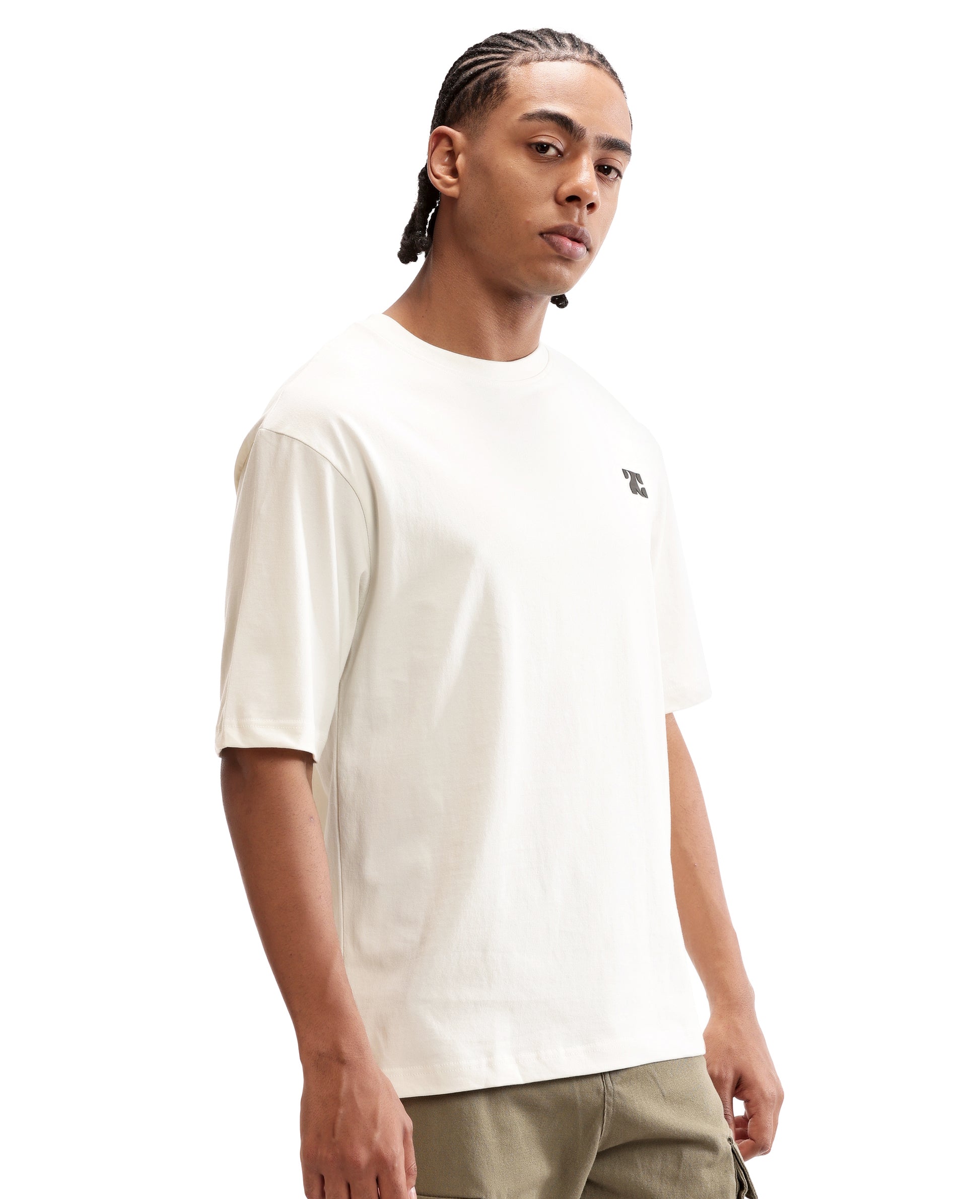 Ivory White Single Jersey Crew Neck Oversized T-Shirt with Charcoal Black HD Print
