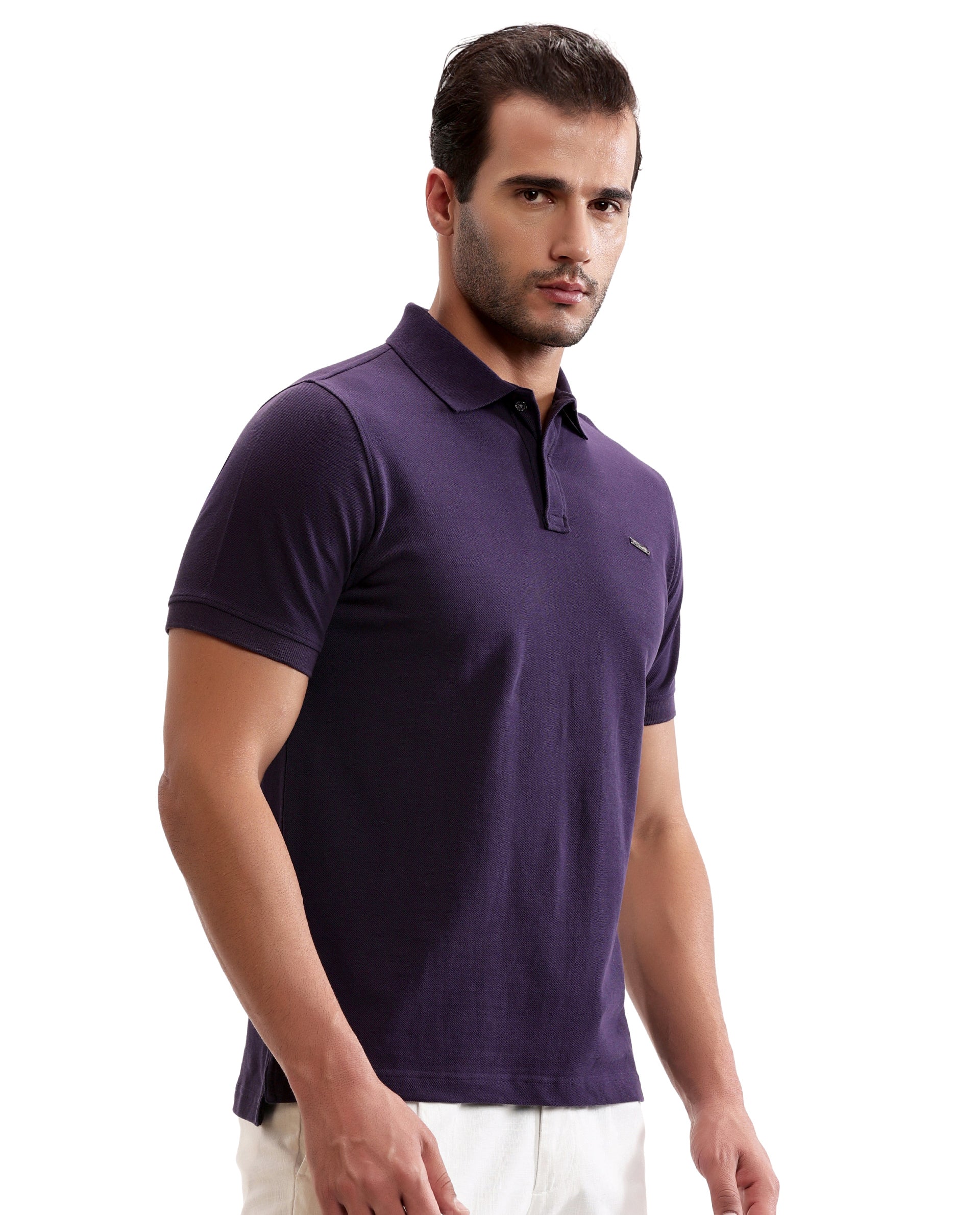 Deep Purple Pique Polo with Metal Buttons, 7C Metal Badge