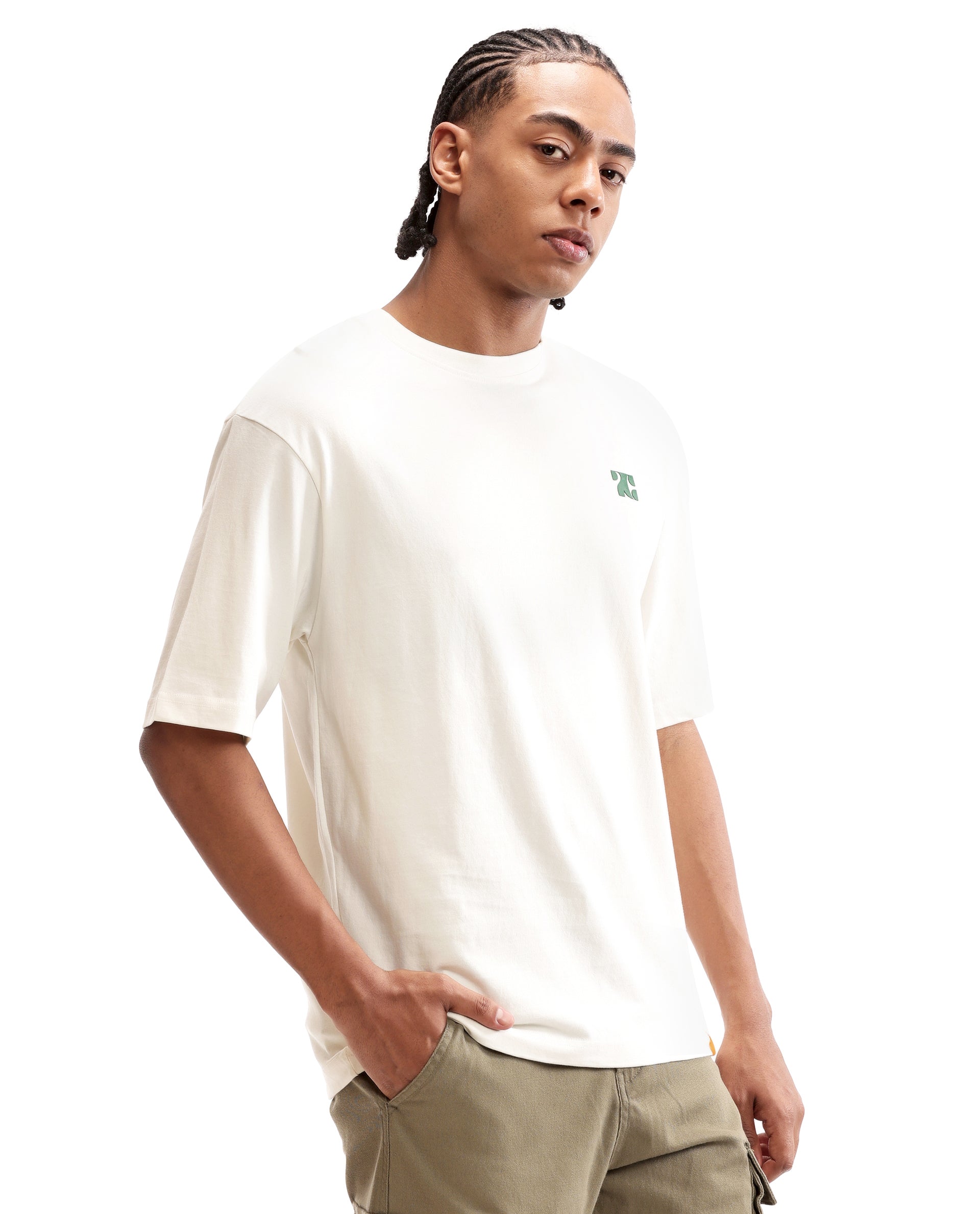 Ivory White Single Jersey Crew Neck Oversized T-Shirt with Deep Forest Green HD Print