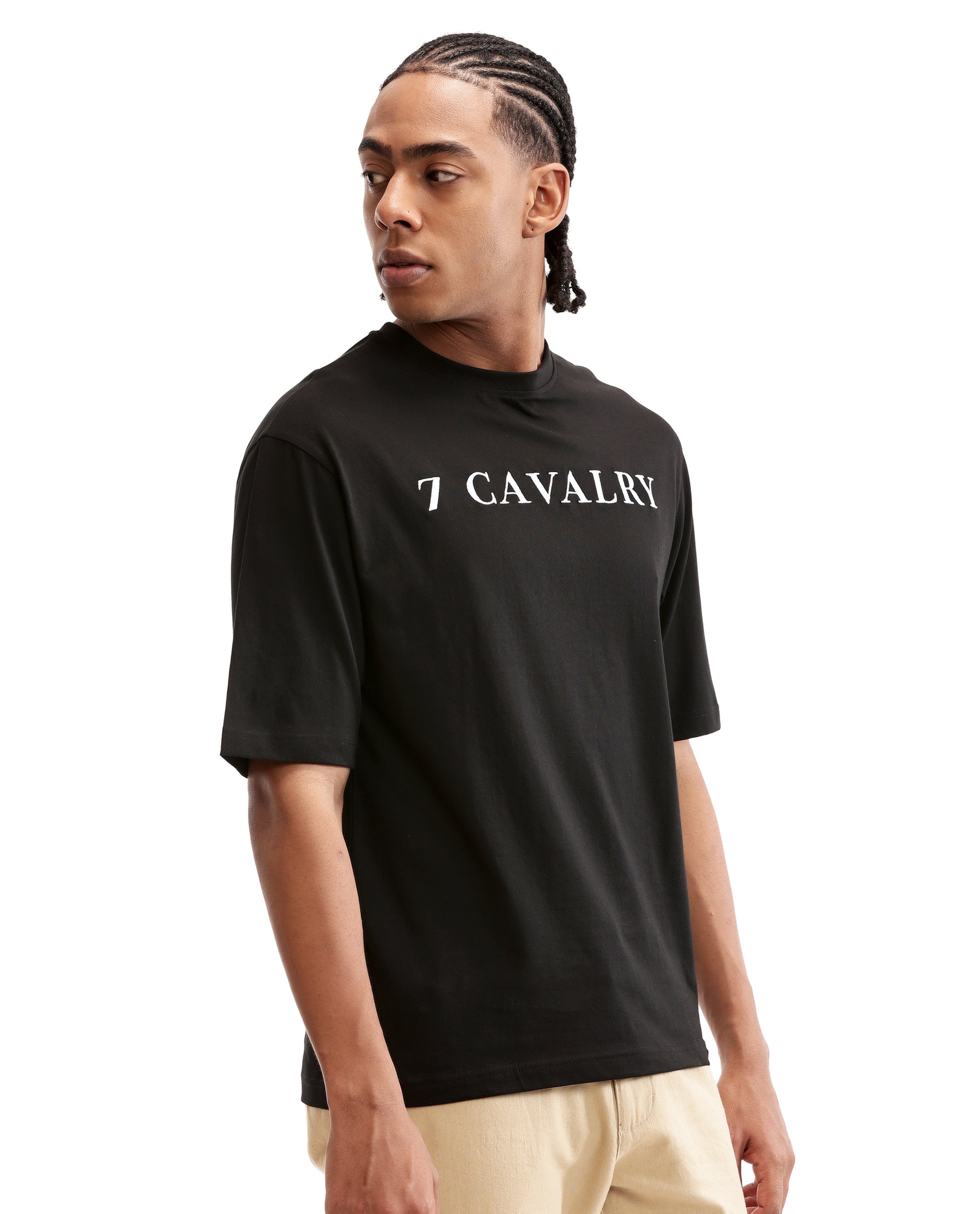 Charcoal Black Single Jersey Crew Neck Oversized T-Shirt with Pure White Embroidery