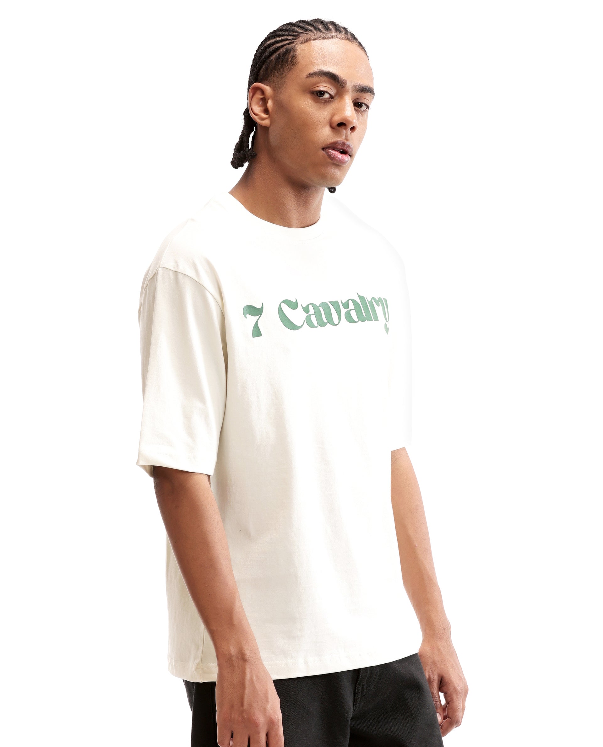 Ivory White Single Jersey Crew Neck Oversized T-Shirt with Deep Forest Green Puff Print