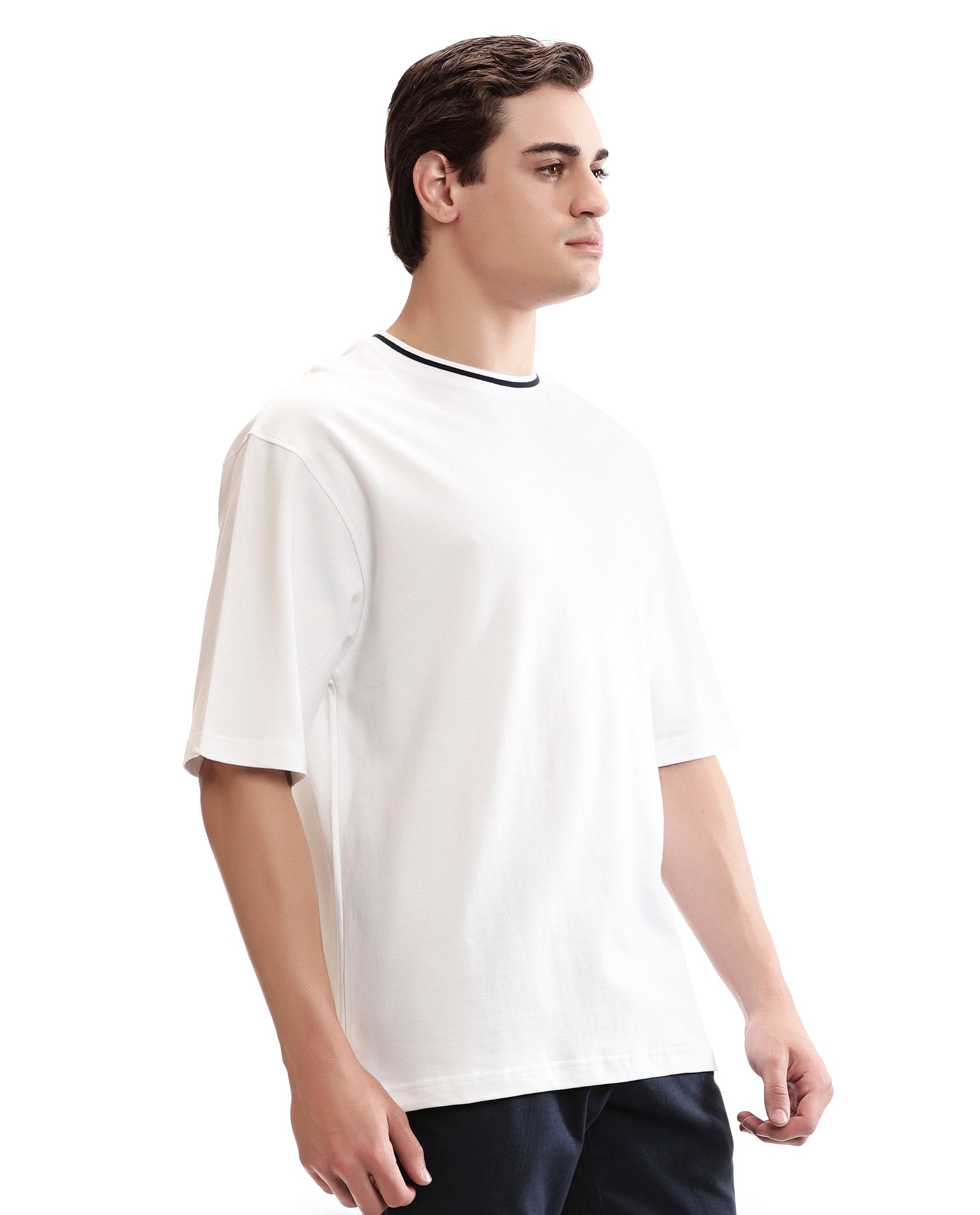 Pure White Pique Crew Neck Oversized T-Shirt with Midnight Navy Blue Piping