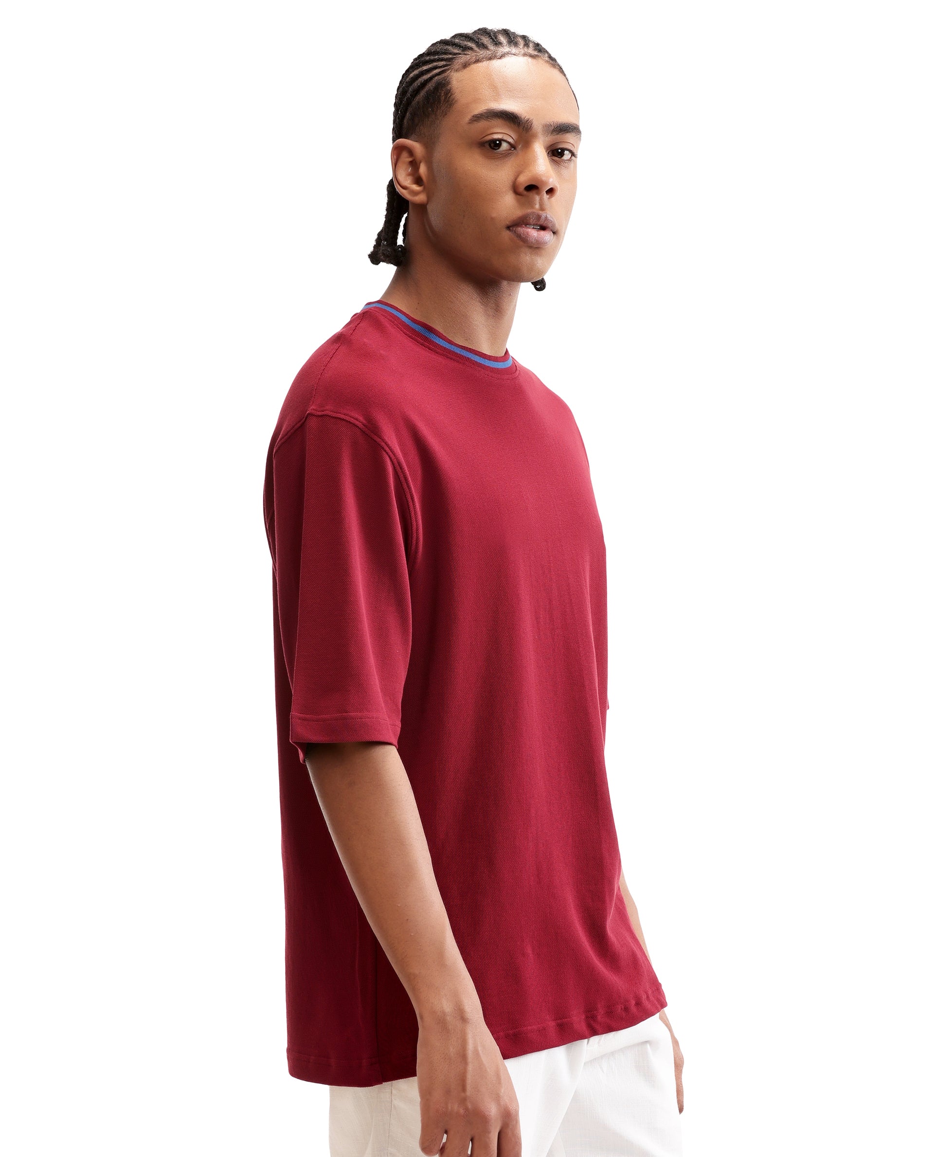 Bordeaux Maroon Pique Crew Neck Oversized T-Shirt with Midnight Navy Blue Piping
