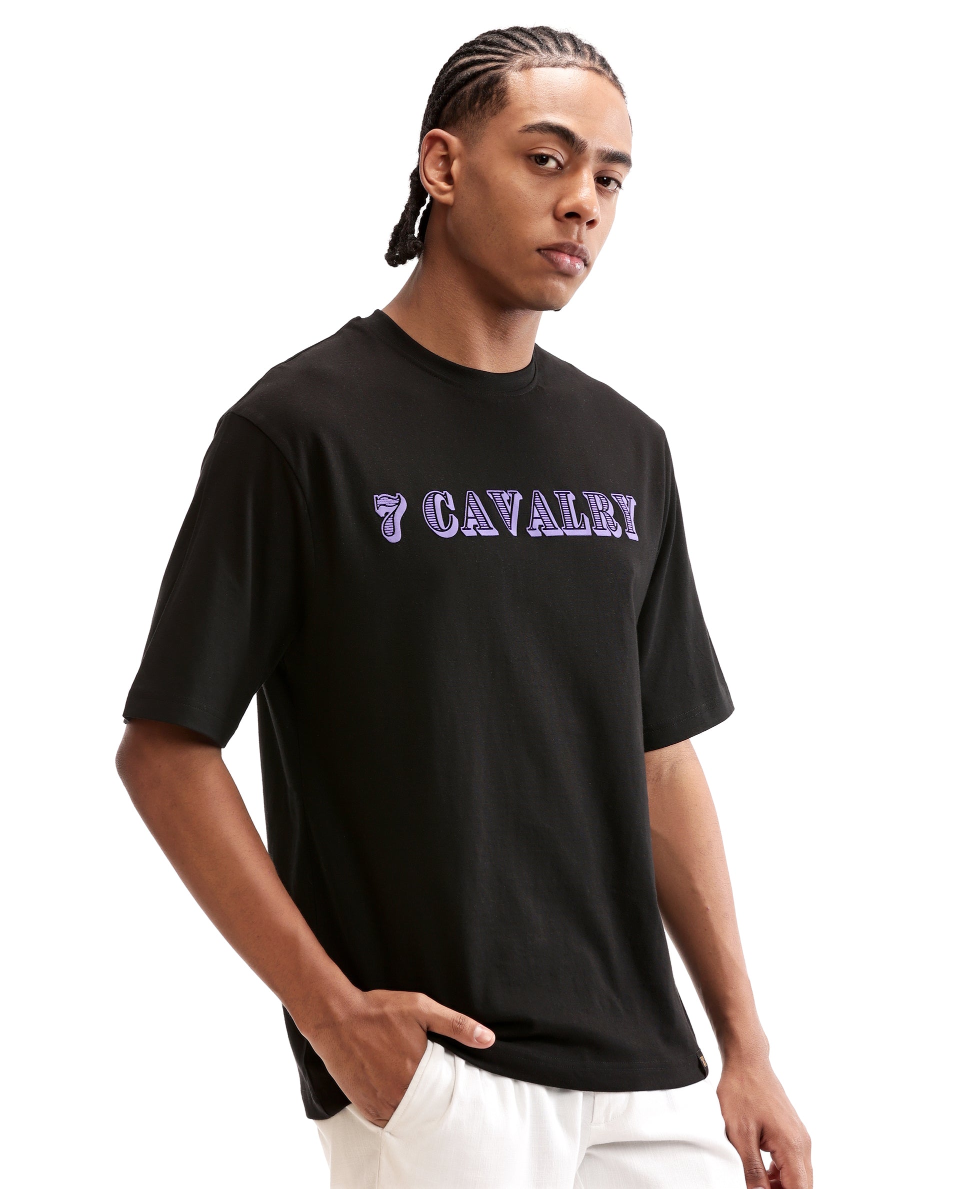 Charcoal Black Single Jersey Crew Neck Oversized T-Shirt with Deep Purple HD Print