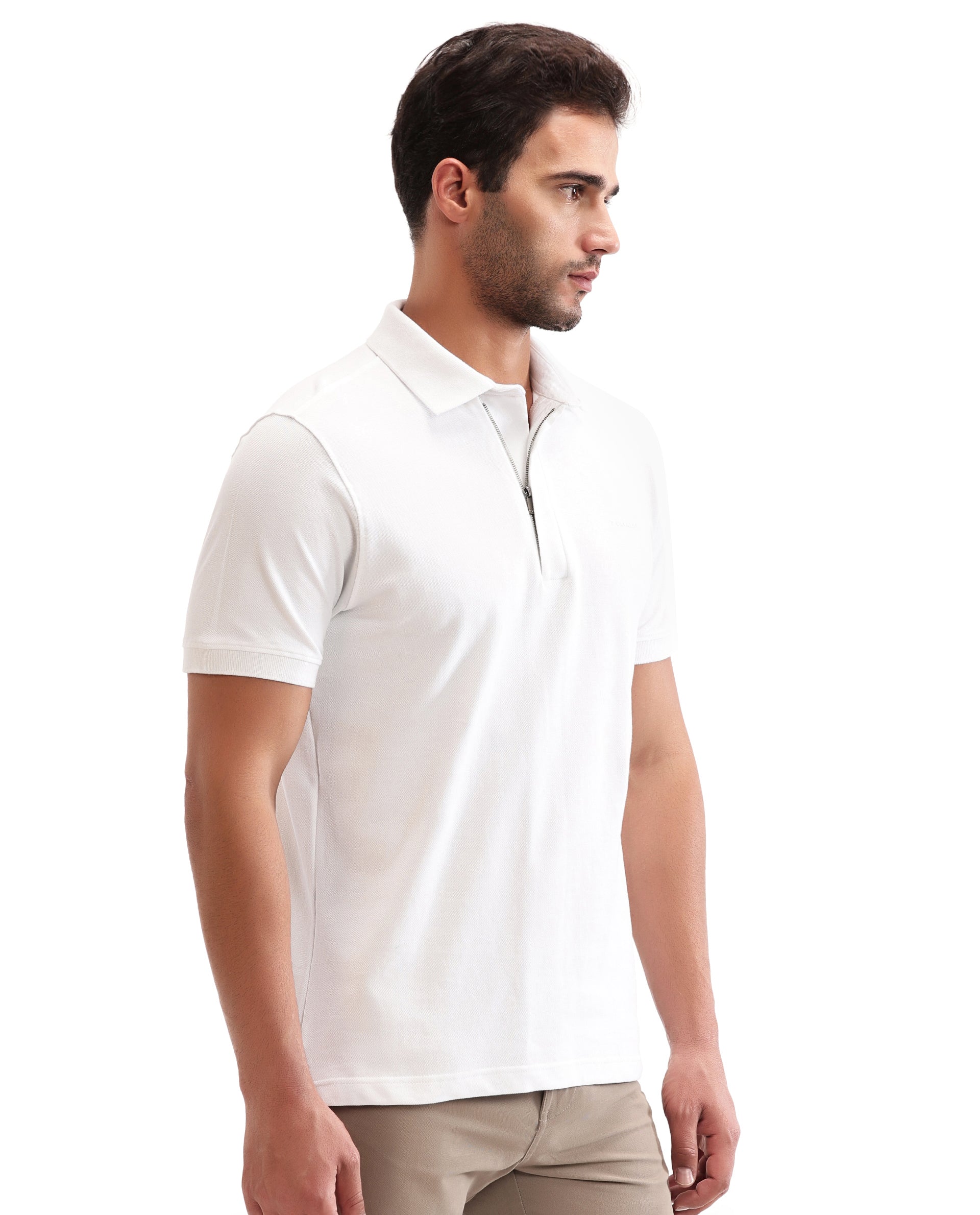 Pure White Pique Polo with Concealed 7C Metal Zip, HD Print