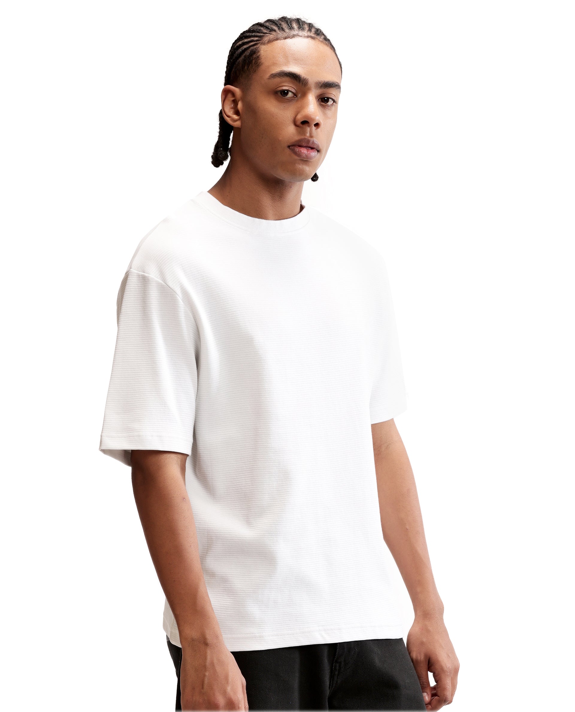 Pure White Knitted Ottoman Crew Neck Oversized T-Shirt