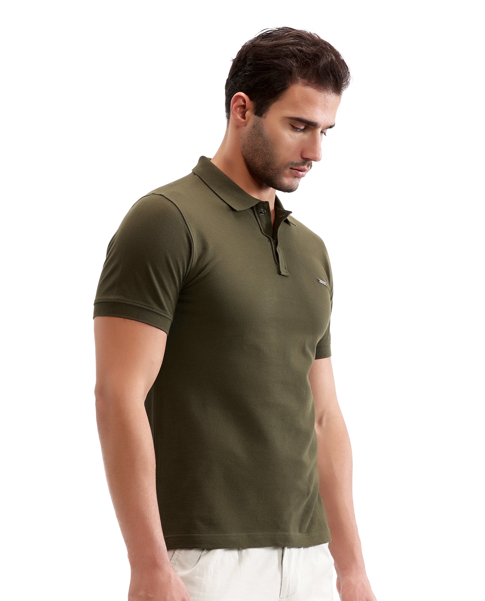 Vintage Olive Pique Polo with 7C Snap Buttons, Metal Badge
