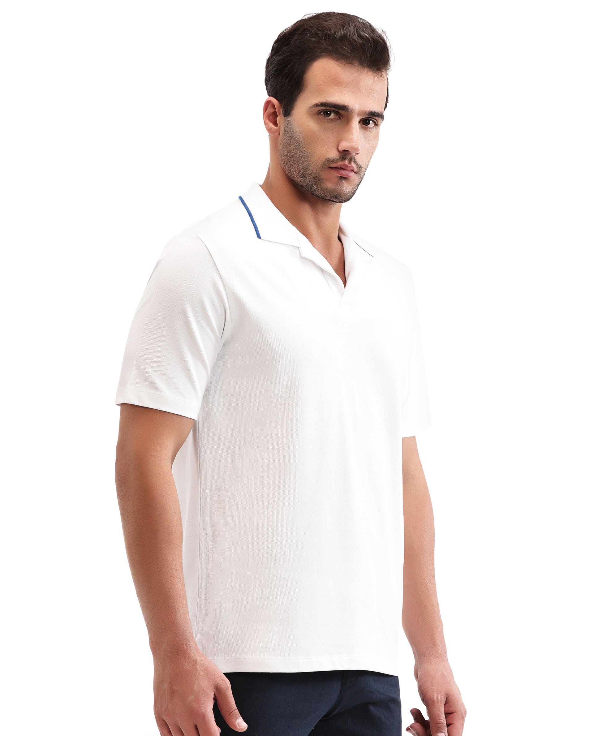 Pure White Johnny Collar Pique Polo with Prussian Blue Collar Piping
