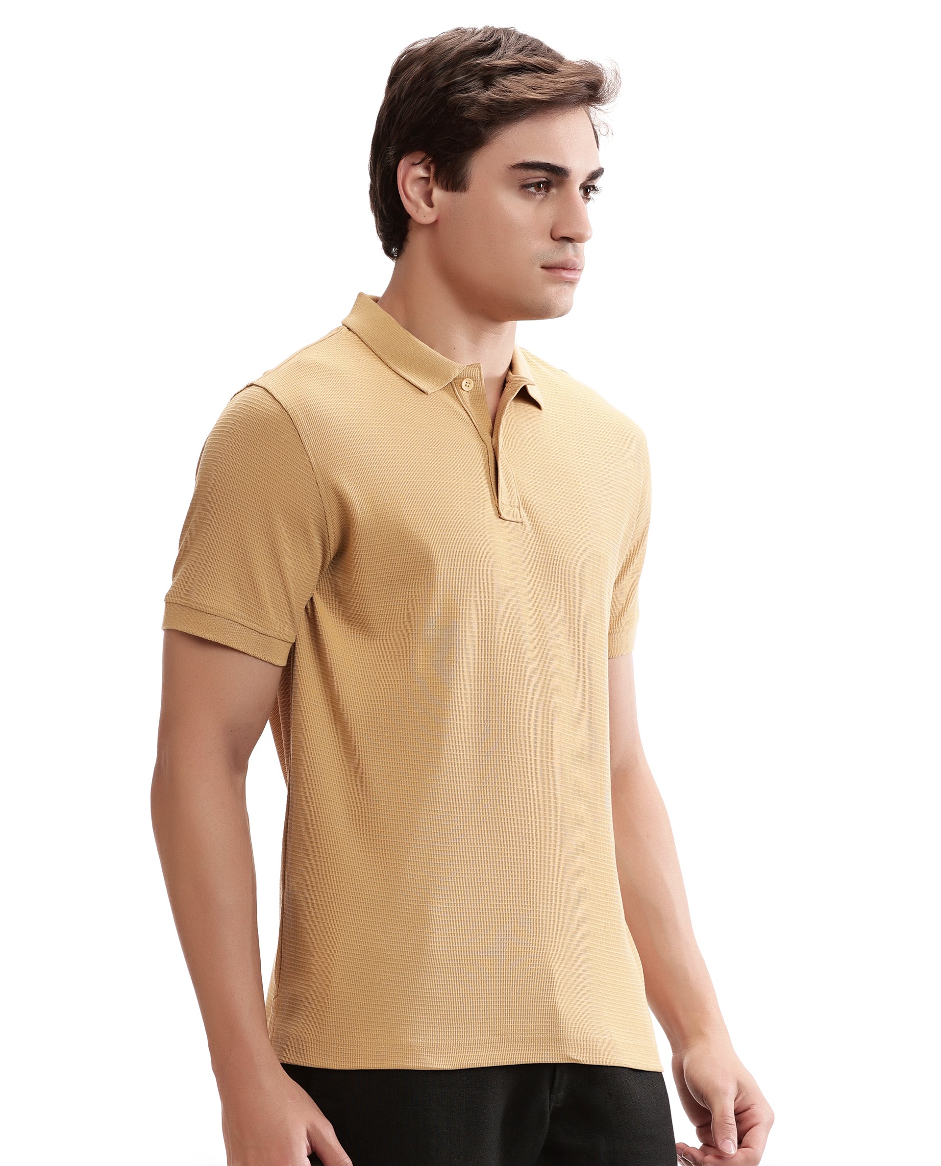 Camel Beige Knitted Waffle Polo with Ribbed Collar