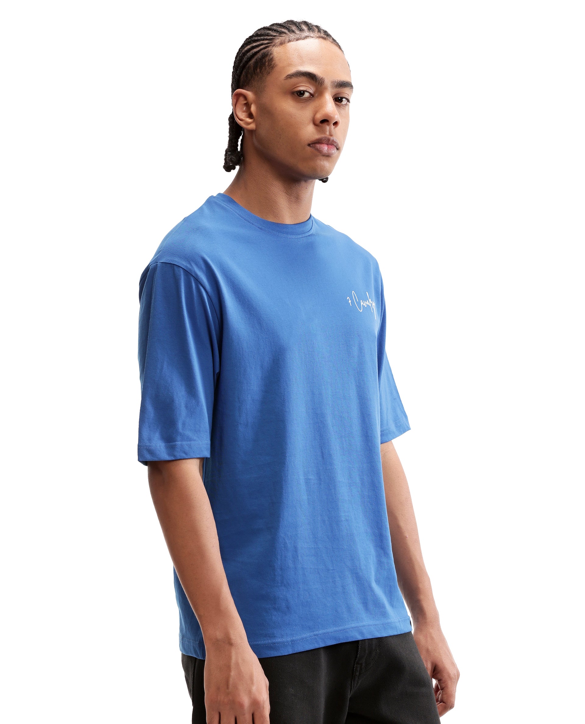 Imperial Prussian Blue Single Jersey Crew Neck Oversized T-Shirt with Pure White Non-PVC Print