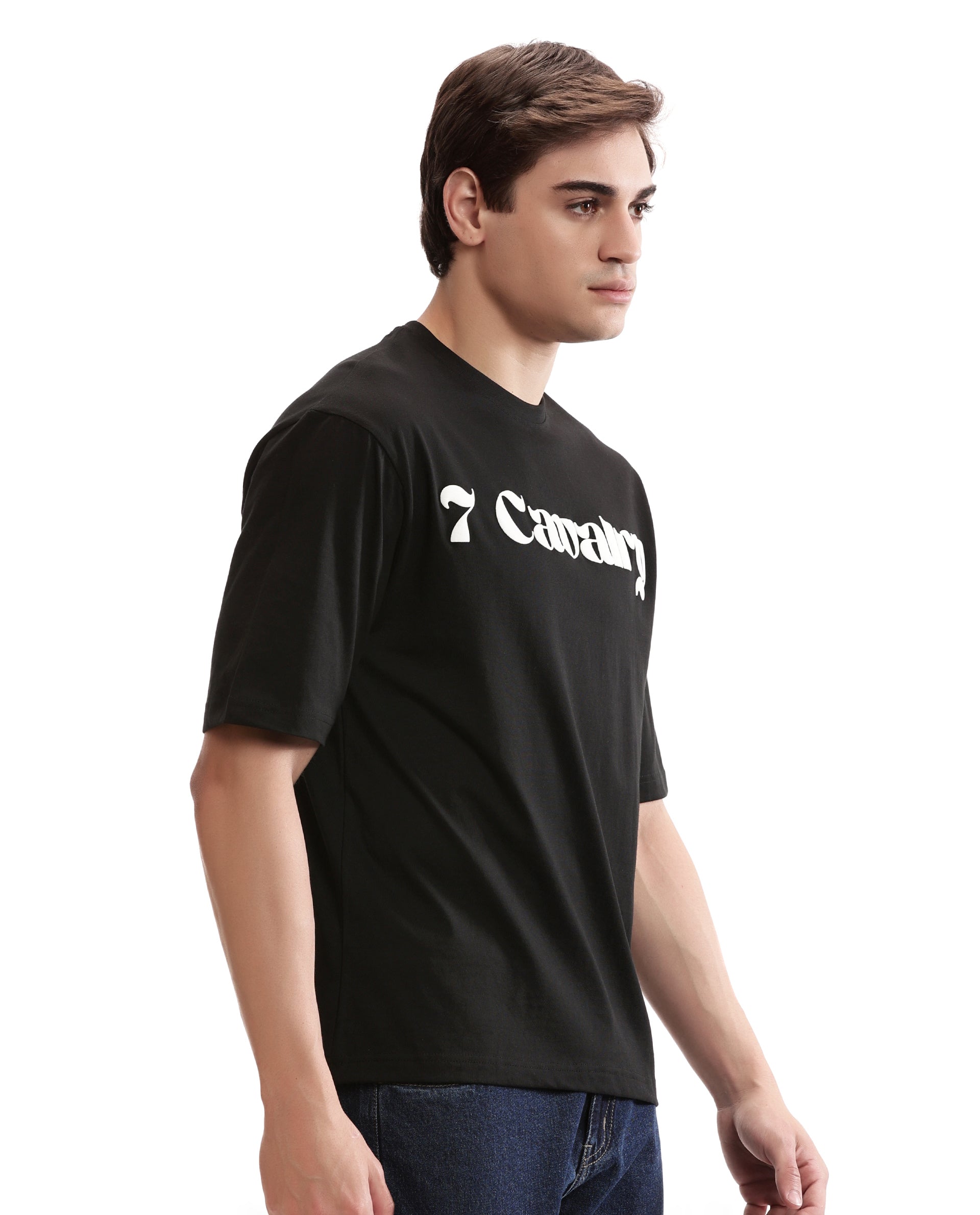 Charcoal Black Single Jersey Crew Neck Oversized T-Shirt with Pure White Puff Print