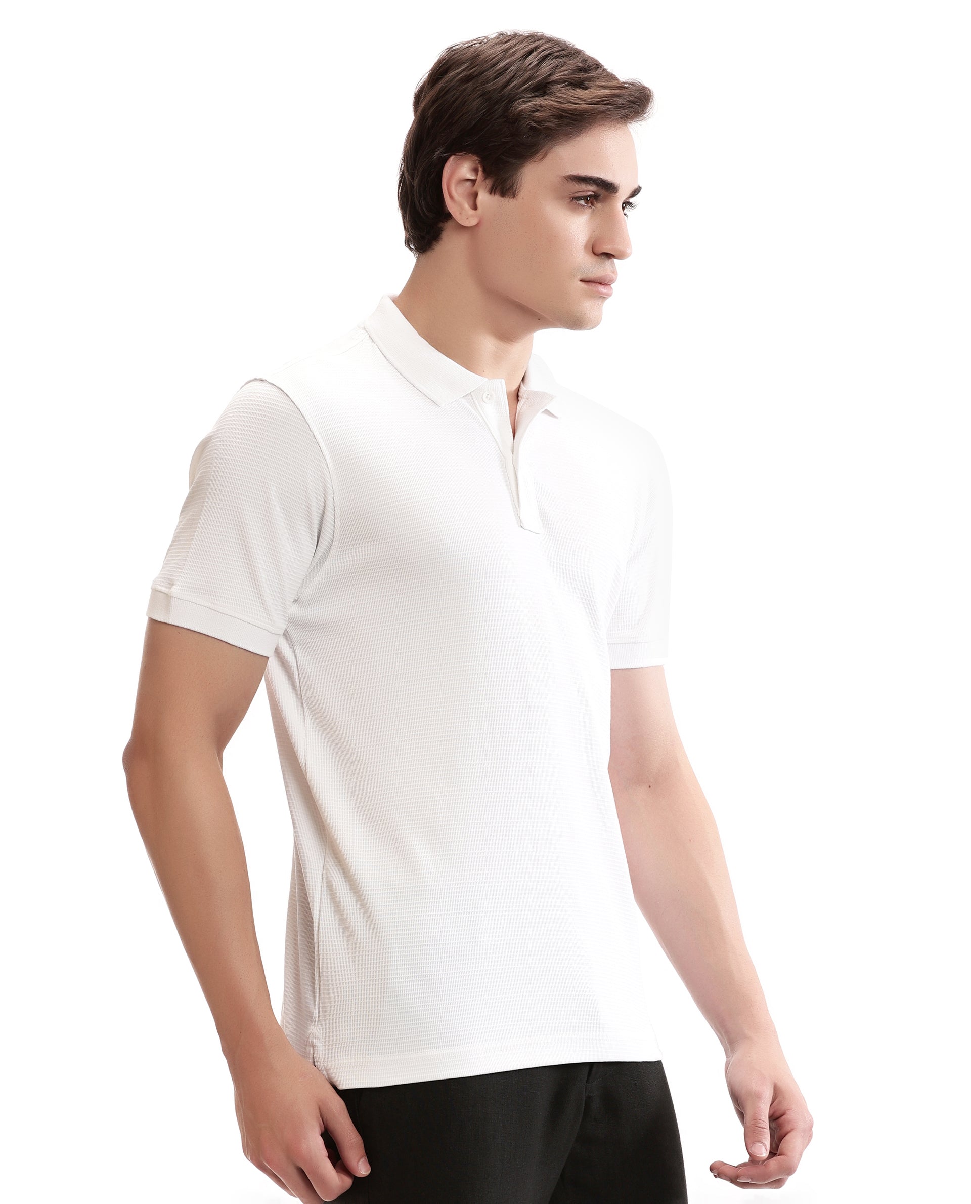 Pure White Knitted Waffle Polo with Ribbed Collar