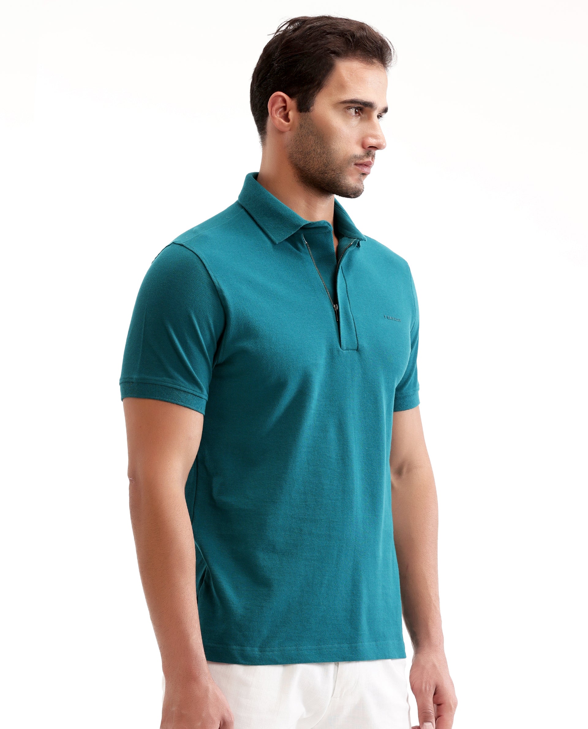 Ocean Teal Pique Polo with Concealed 7C Metal Zip, HD Print