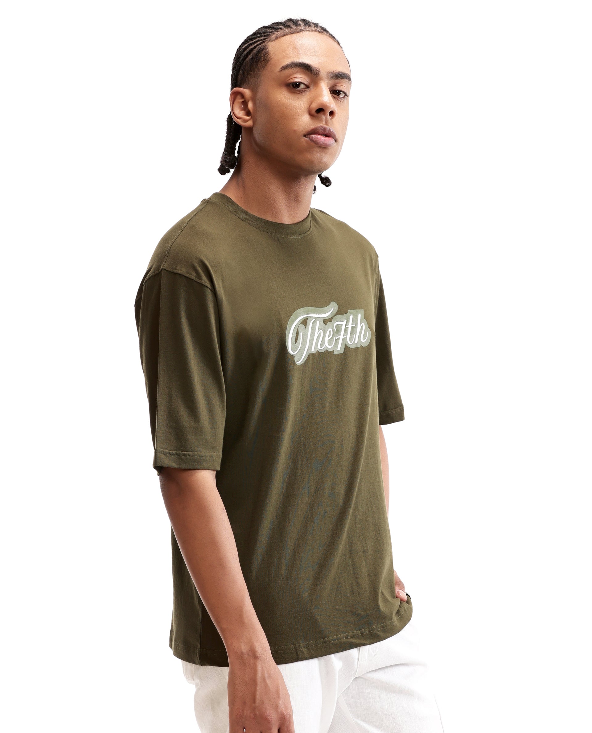 Vintage Olive Single Jersey Crew Neck Oversized T-Shirt with Light Olive Print & Pure White 7C Embroidery