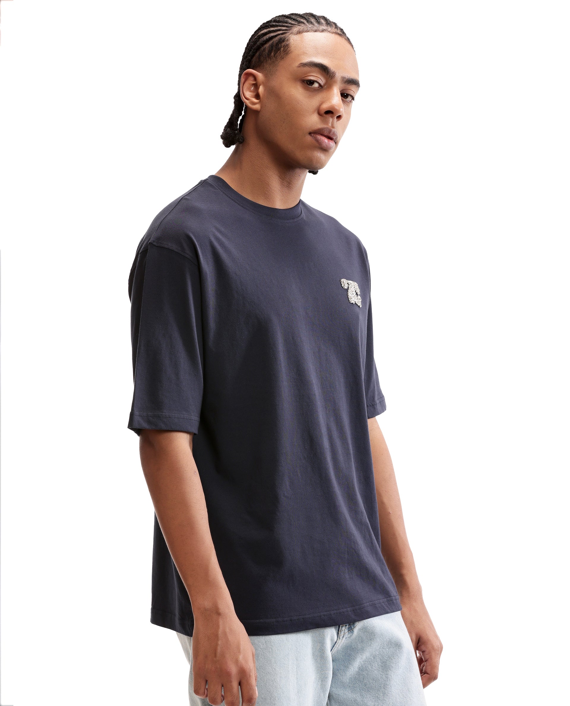 Midnight Navy Blue Single Jersey Crew Neck Oversized T-Shirt with Crystal Finish Rhinestones