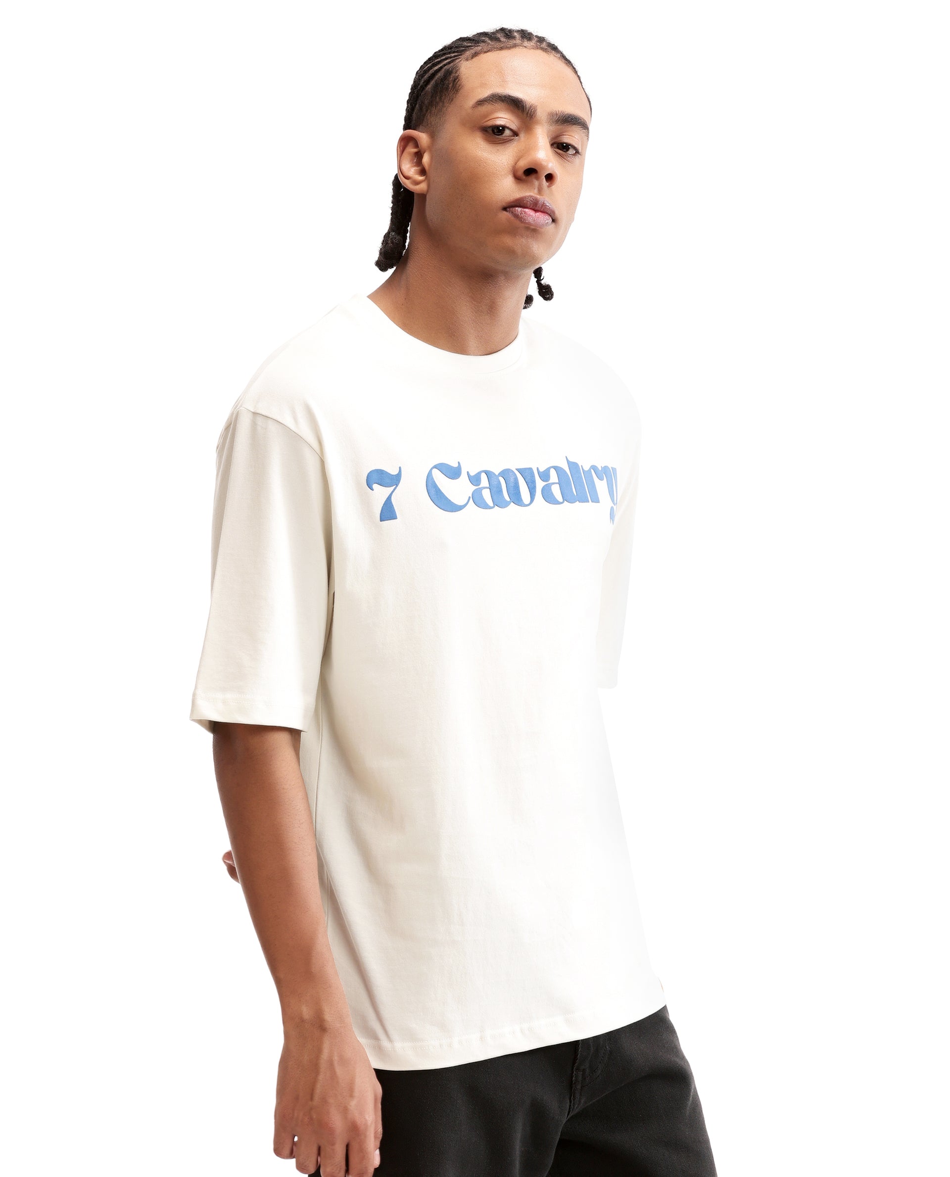 Ivory White Single Jersey Crew Neck Oversized T-Shirt with Midnight Navy Blue Puff Print