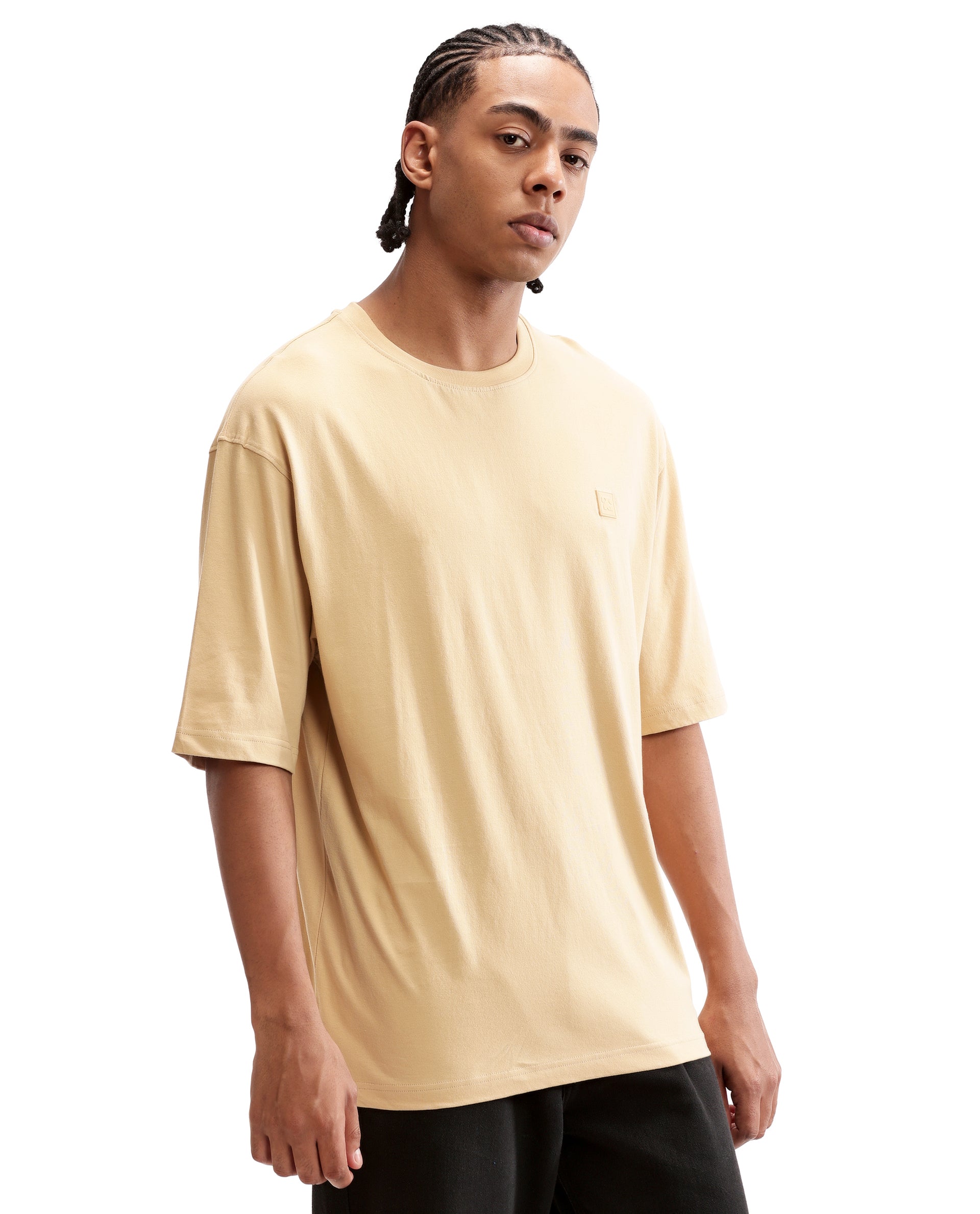 Camel Beige Single Jersey Crew Neck Oversized T-Shirt with 7C Premium Rubber Badge