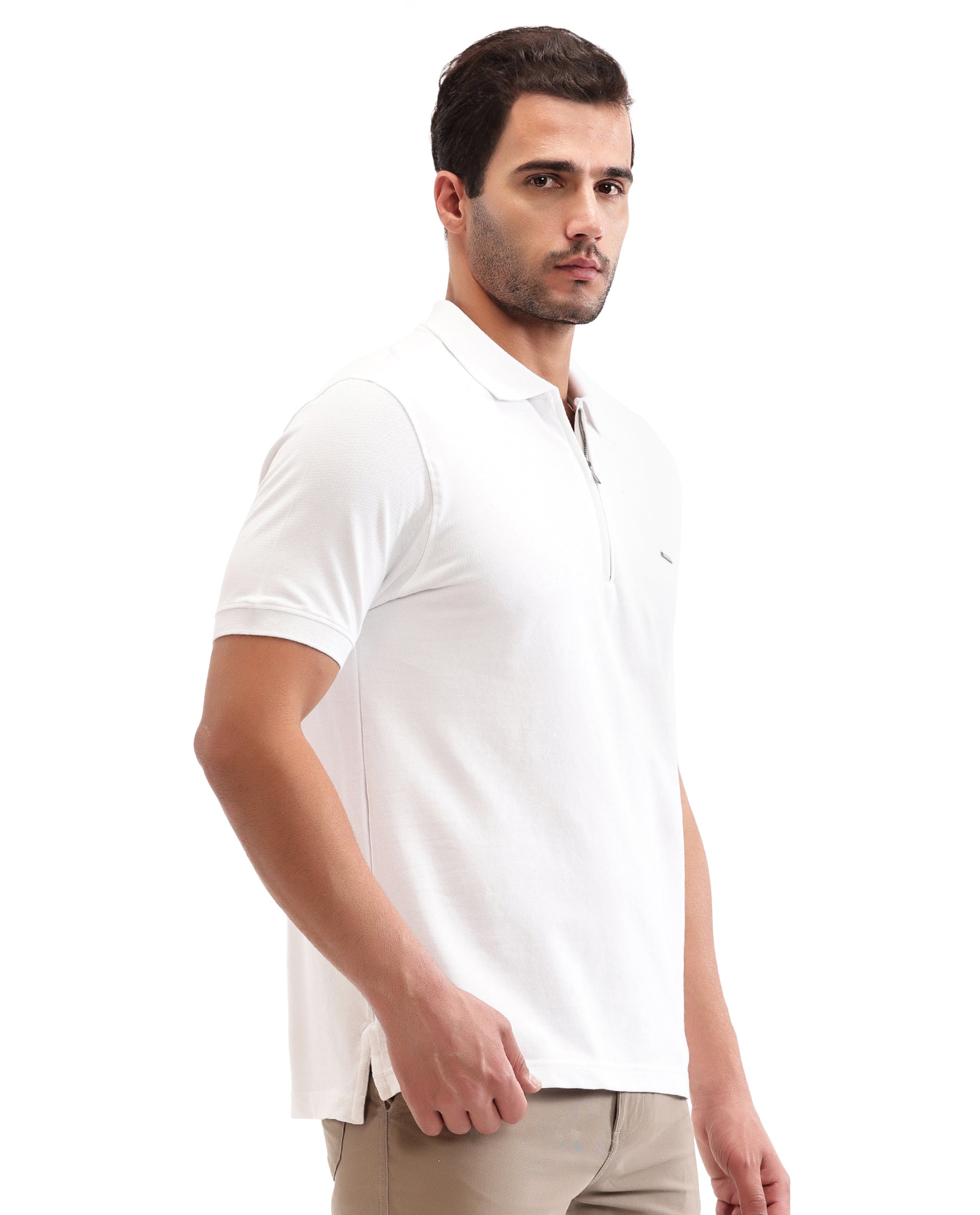 Pure White Pique Polo with 7C Metal Zip, Metal Badge