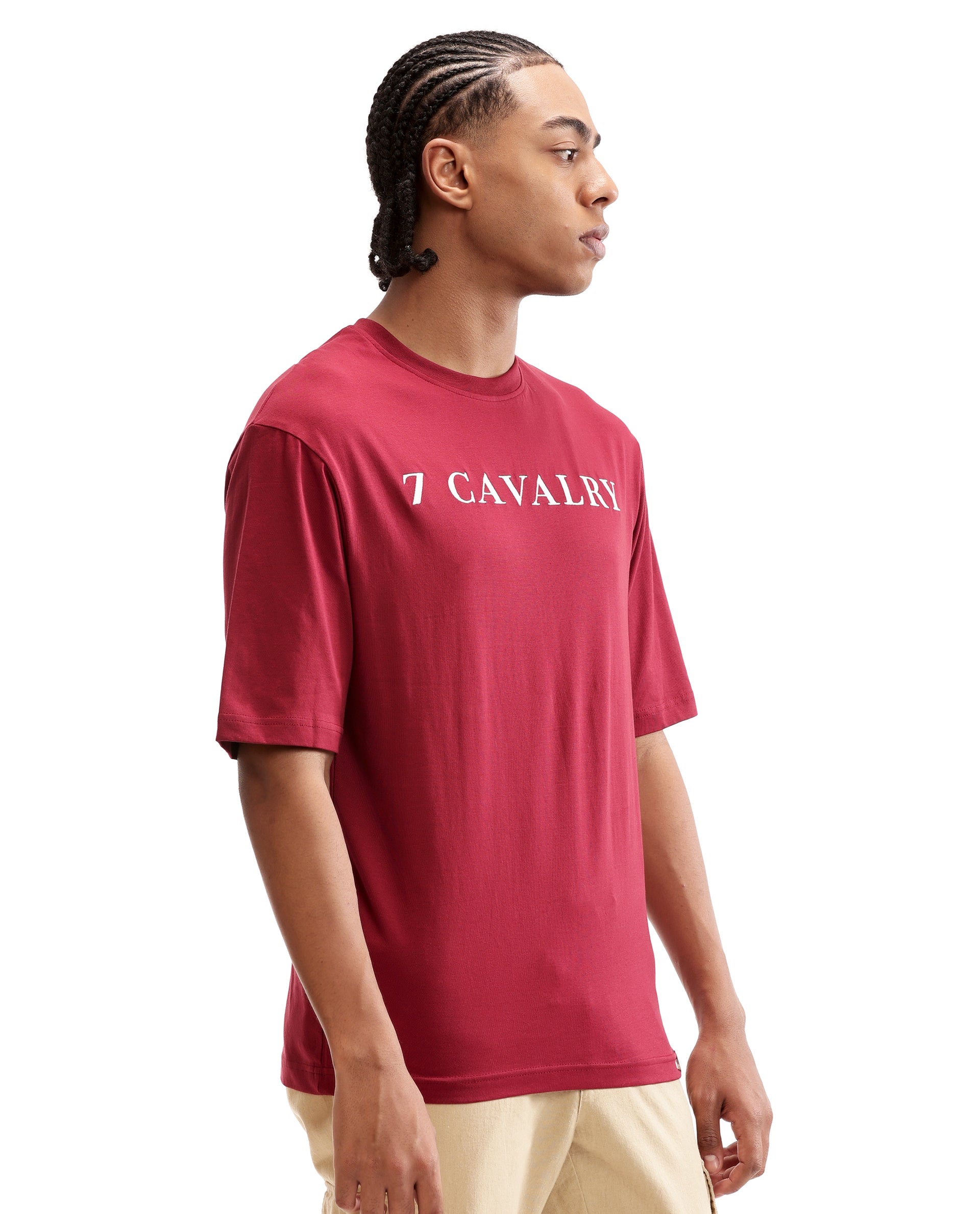 Bordeaux Maroon Single Jersey Crew Neck Oversized T-Shirt with Pure White Embroidery