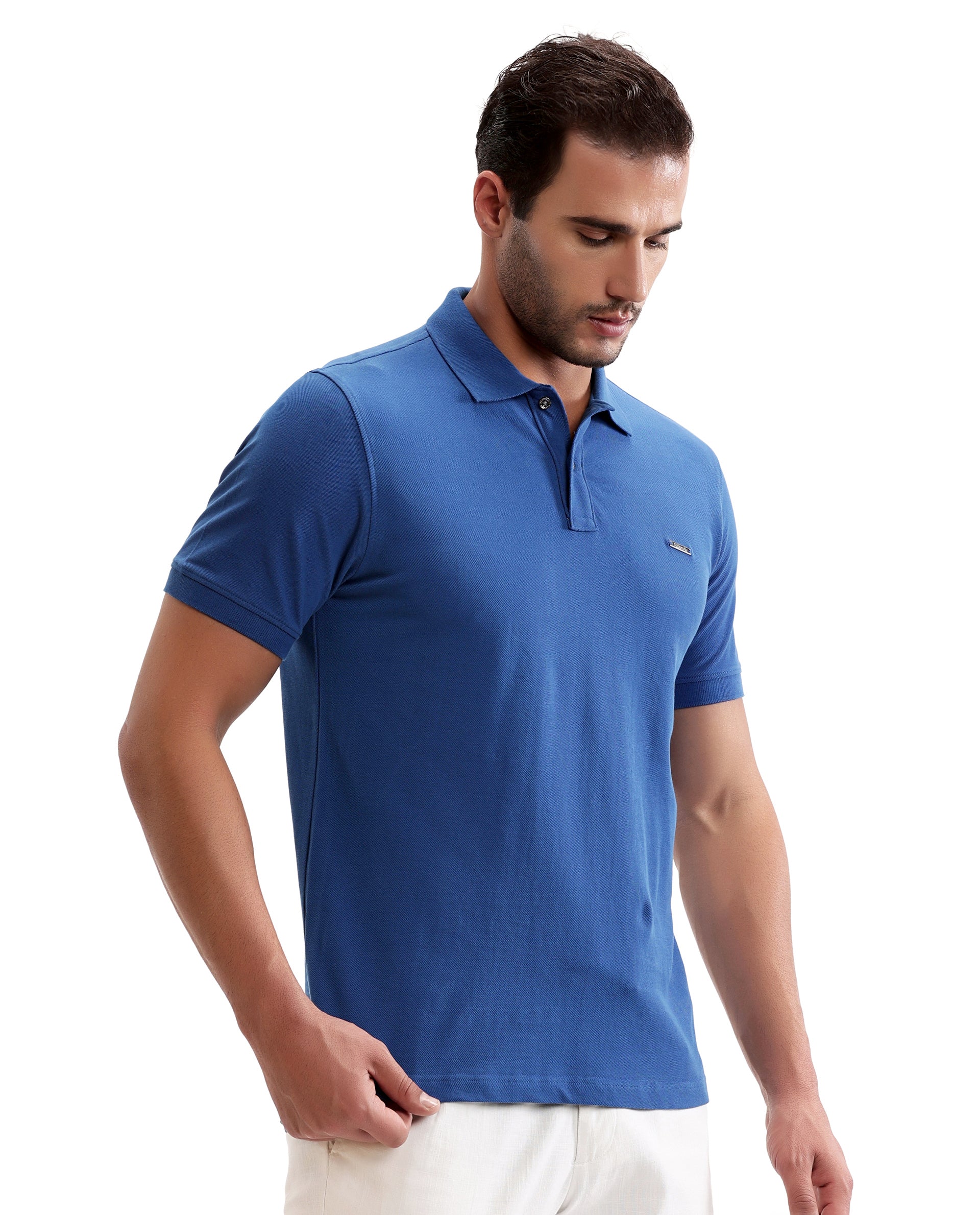Imperial Prussian Blue Pique Polo with Metal Buttons, 7C Metal Badge