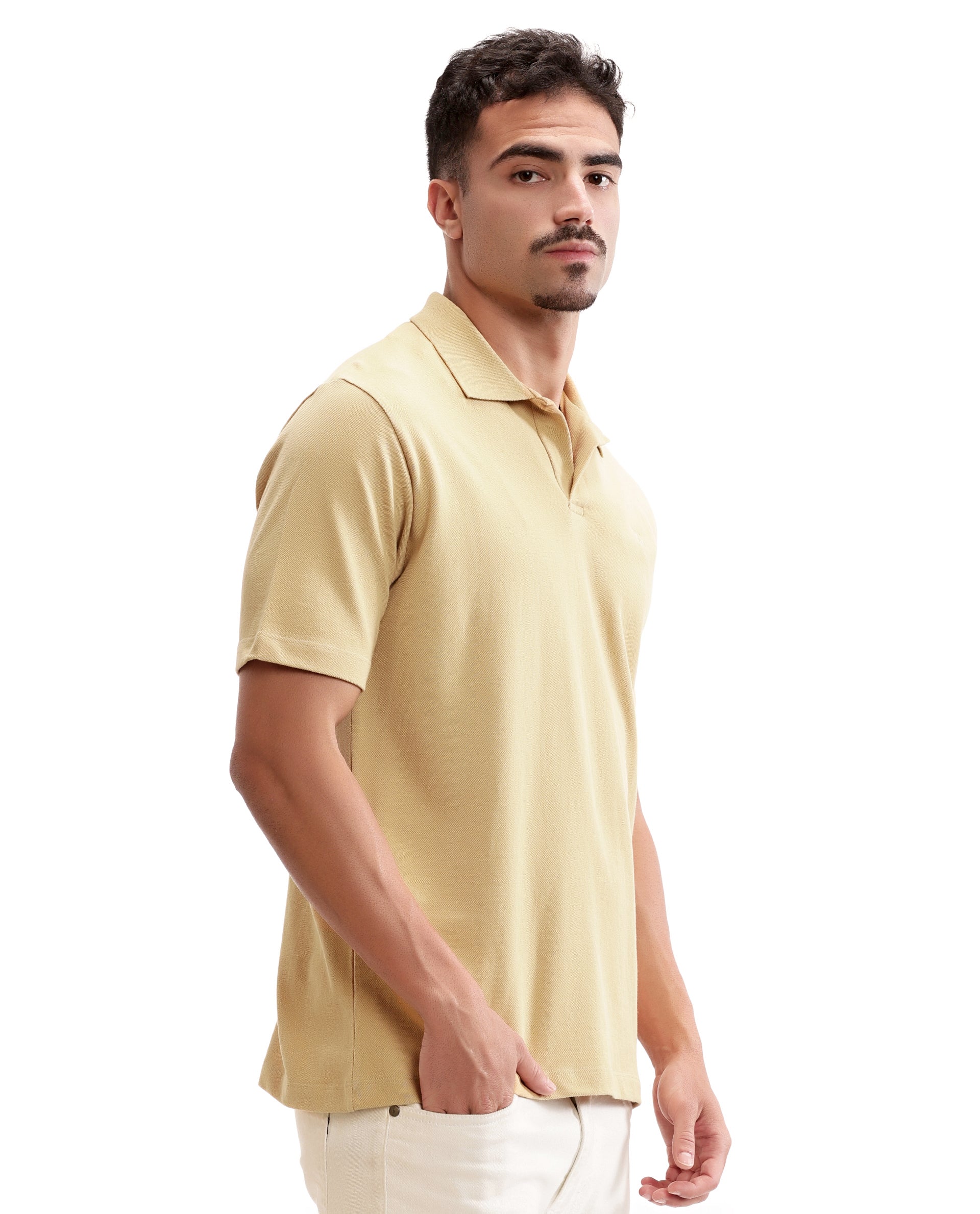 Camel Beige Johnny Collar Pique Polo with Tone-on-Tone 7C Embroidery