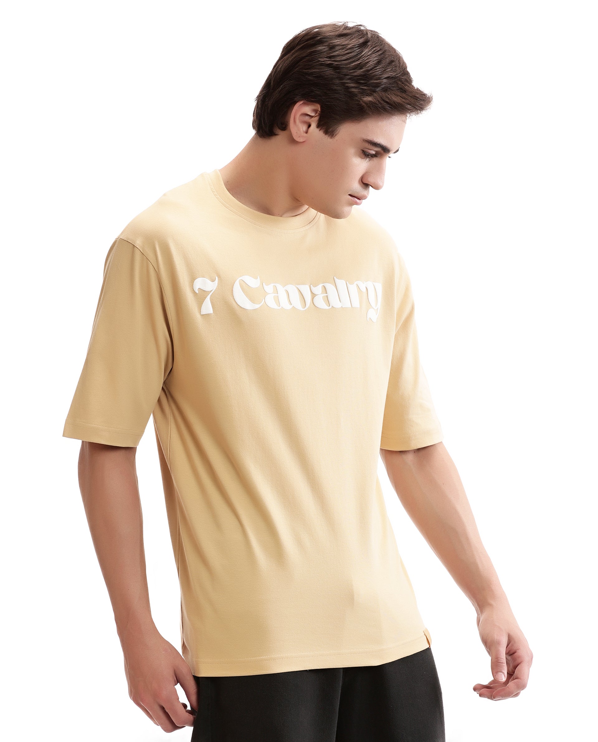 Camel Beige Single Jersey Crew Neck Oversized T-Shirt with Pure White Puff Print
