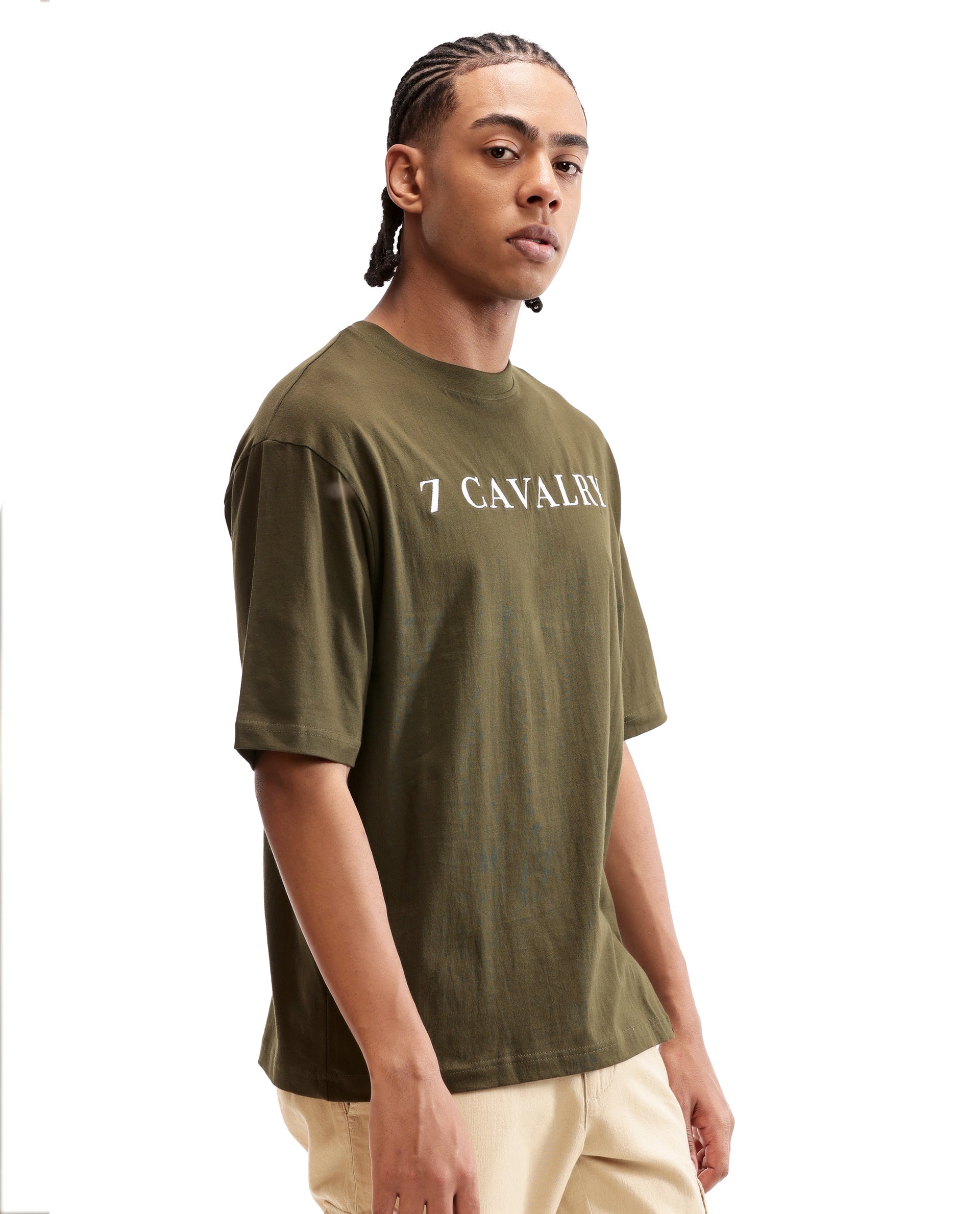 Vintage Olive Single Jersey Crew Neck Oversized T-Shirt with Pure White Embroidery