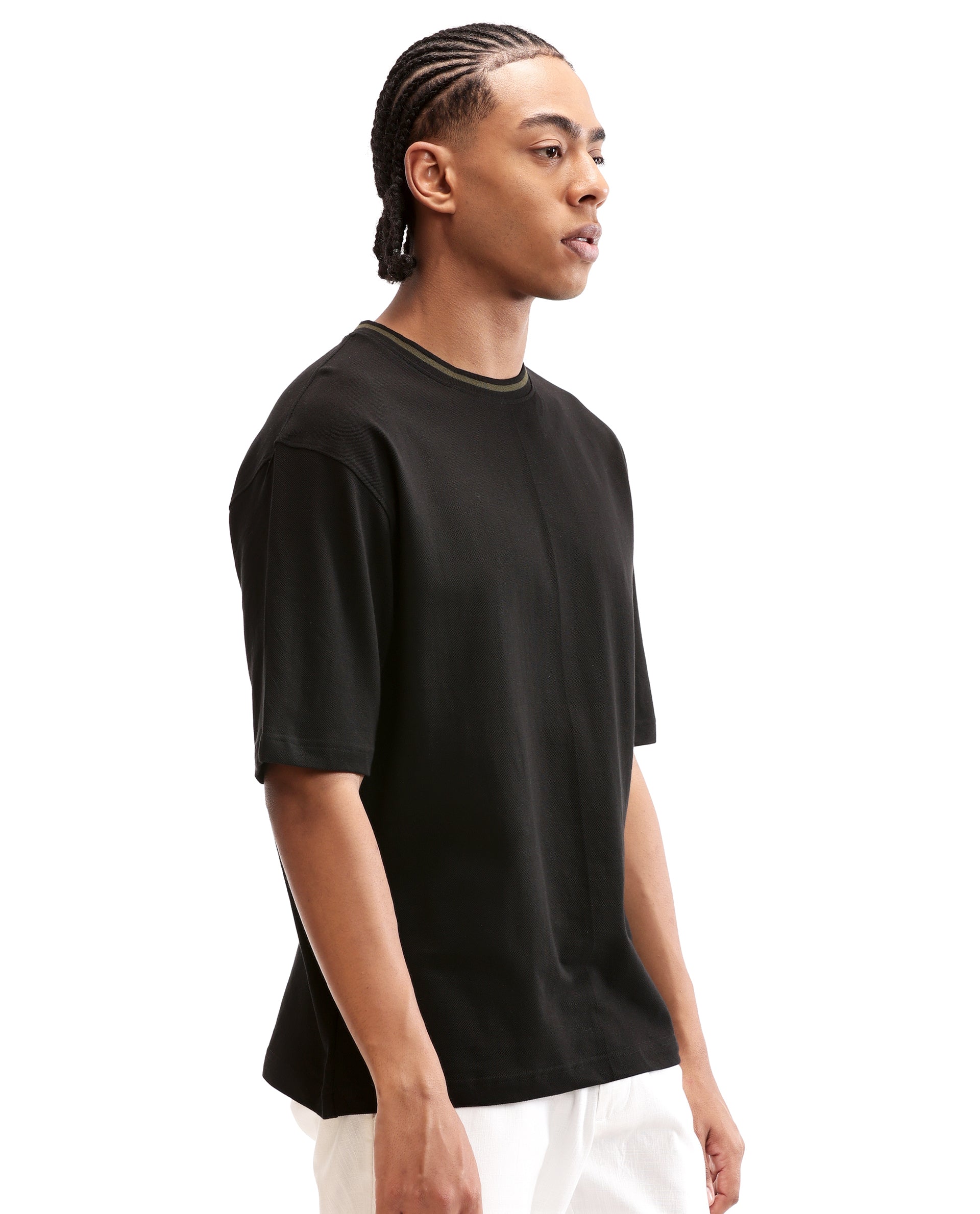 Charcoal Black Pique Crew Neck Oversized T-Shirt with Vintage Olive Piping