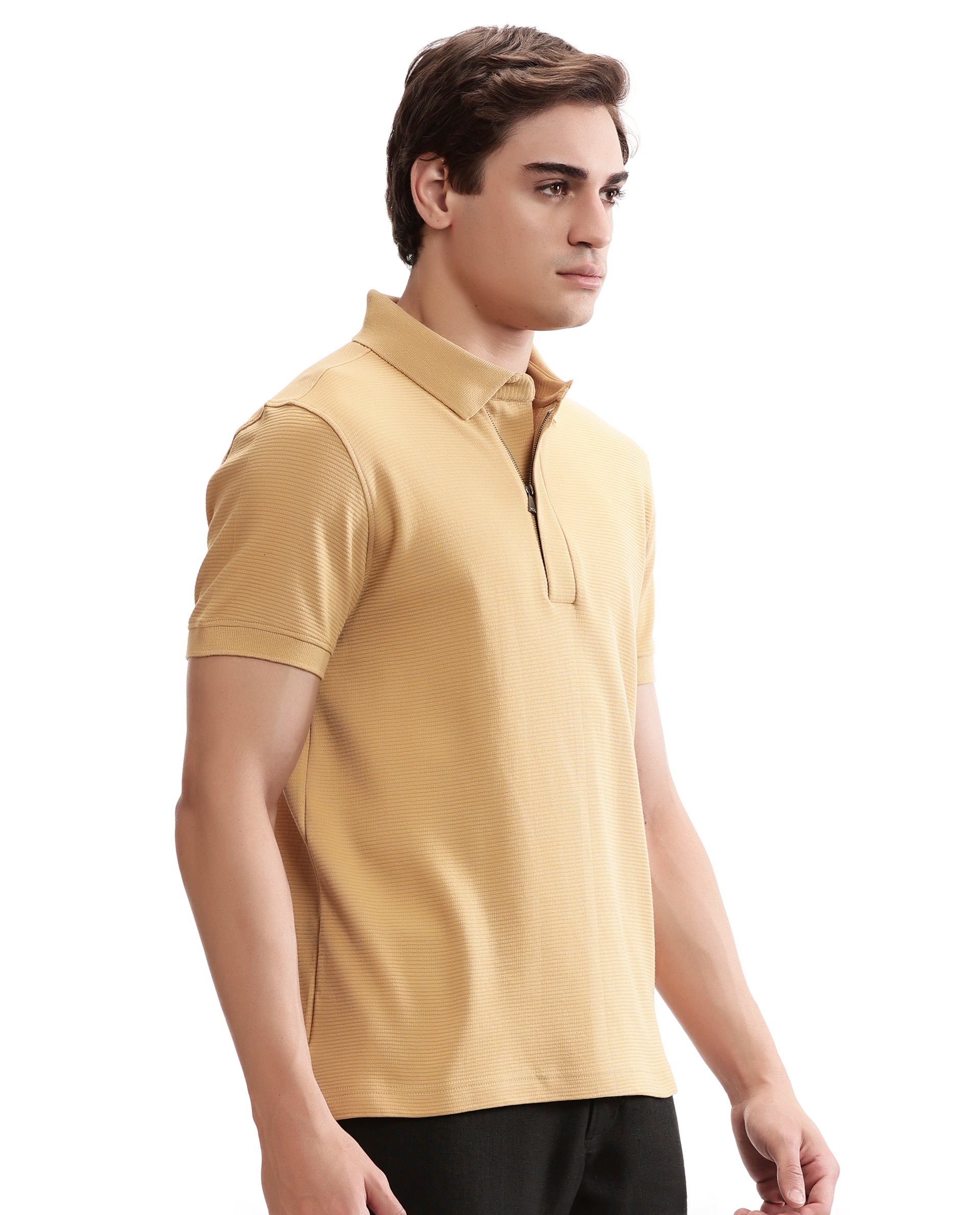 Camel Beige Knitted Ottoman Polo with 7C Metal Zip