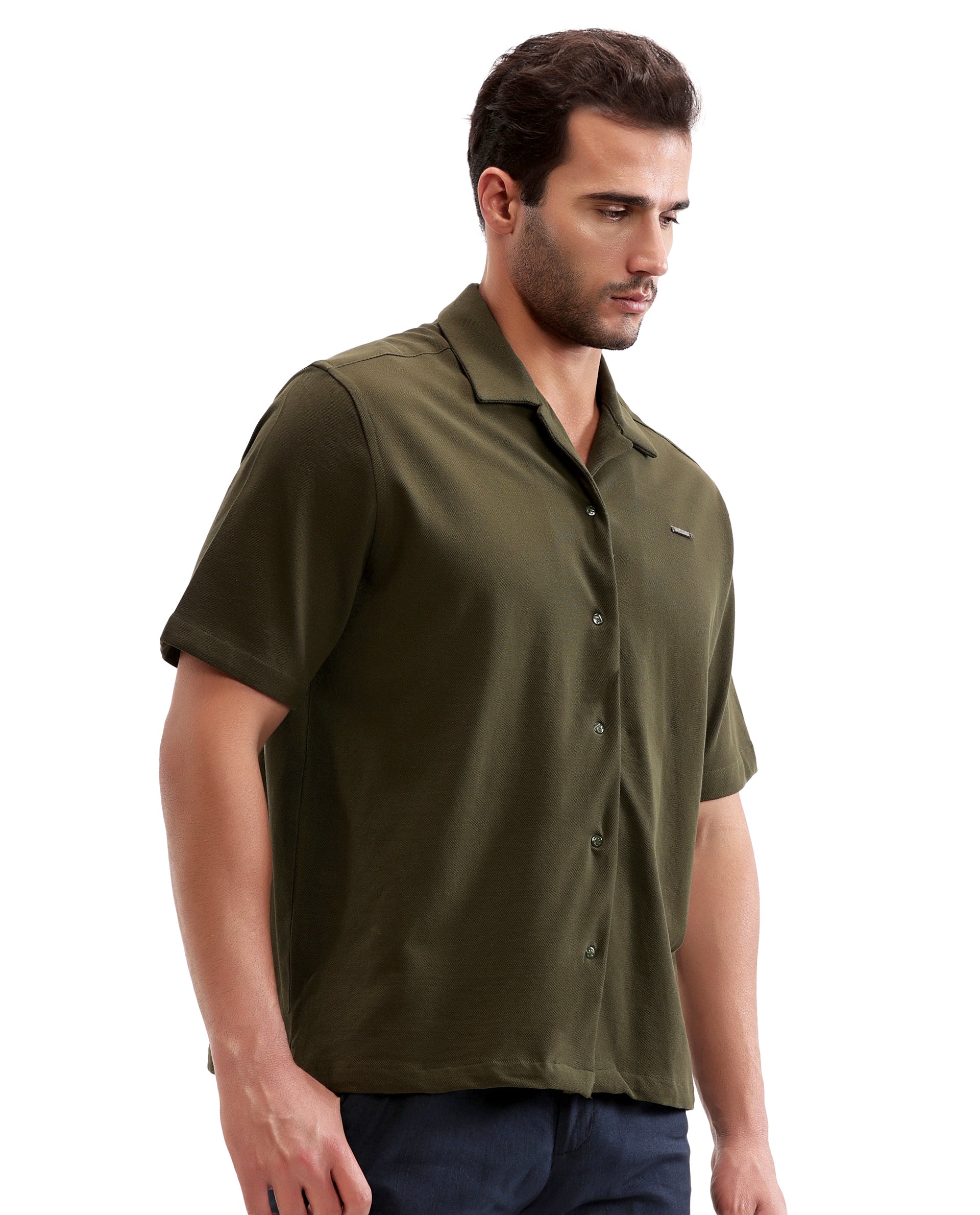 Vintage Olive Pique Knit Shirt with 7C Engraved Snap Buttons, Gun Metal Badge