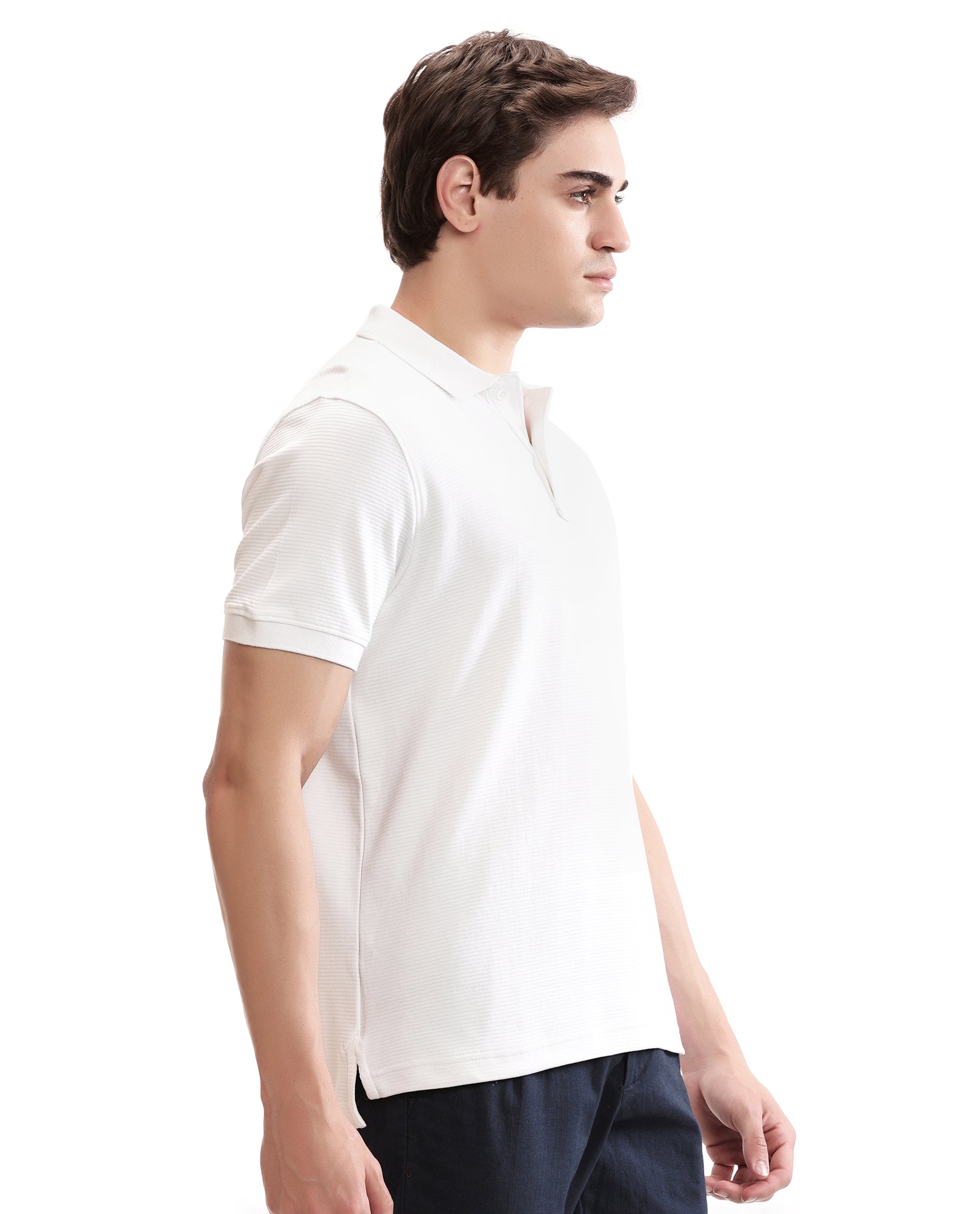 Pure White Knitted Ottoman Polo with Ribbed Collar